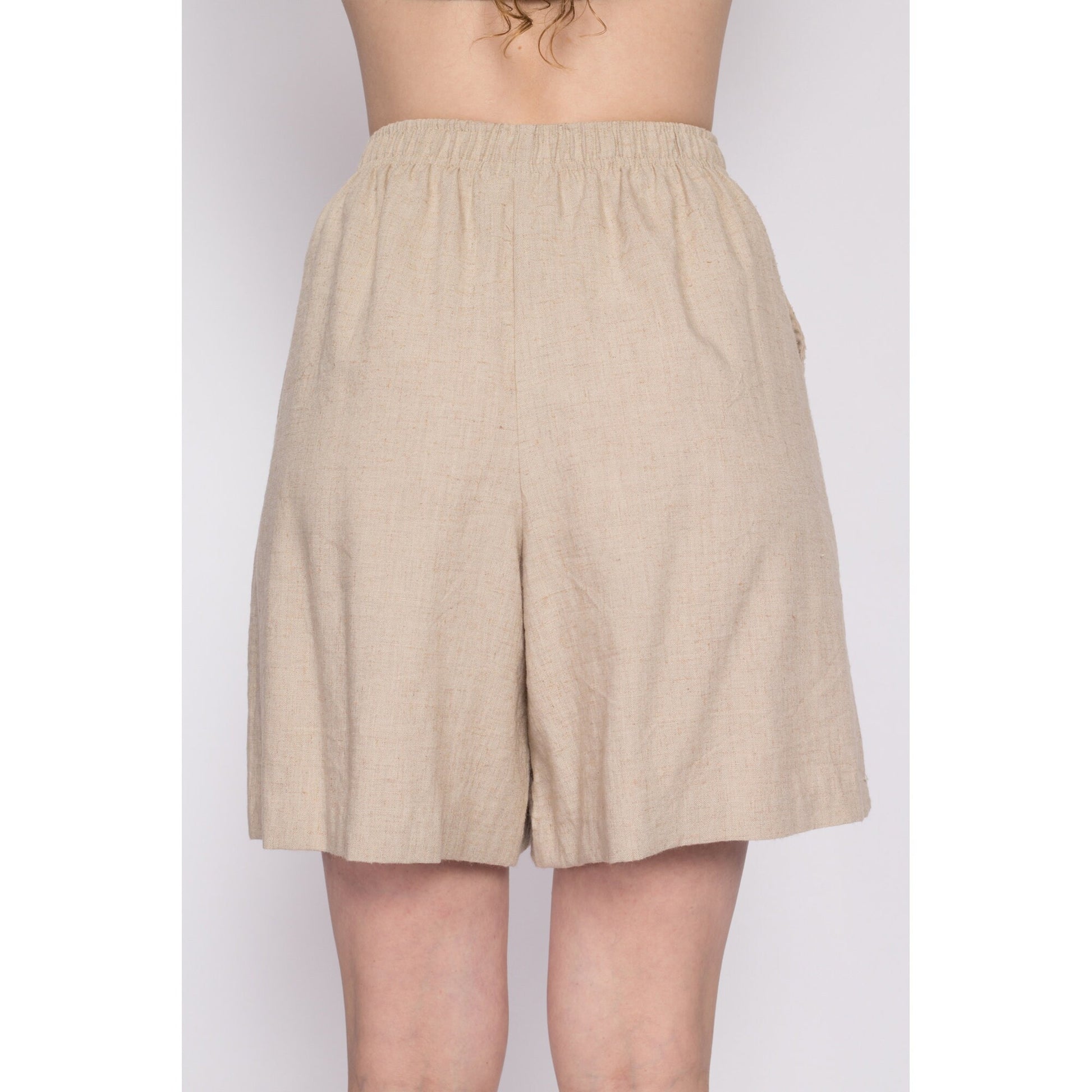 90s Oatmeal Linen Shorts - Small to Medium | Vintage Pleated Wide Leg Elastic Waist High Rise Casual Shorts