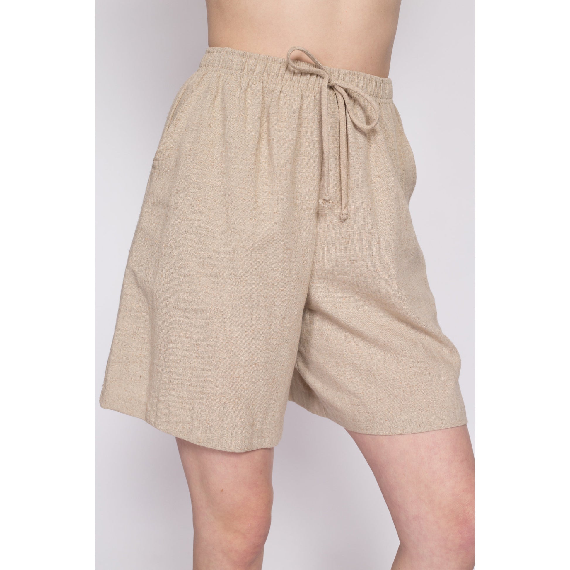 90s Oatmeal Linen Shorts - Small to Medium | Vintage Pleated Wide Leg Elastic Waist High Rise Casual Shorts