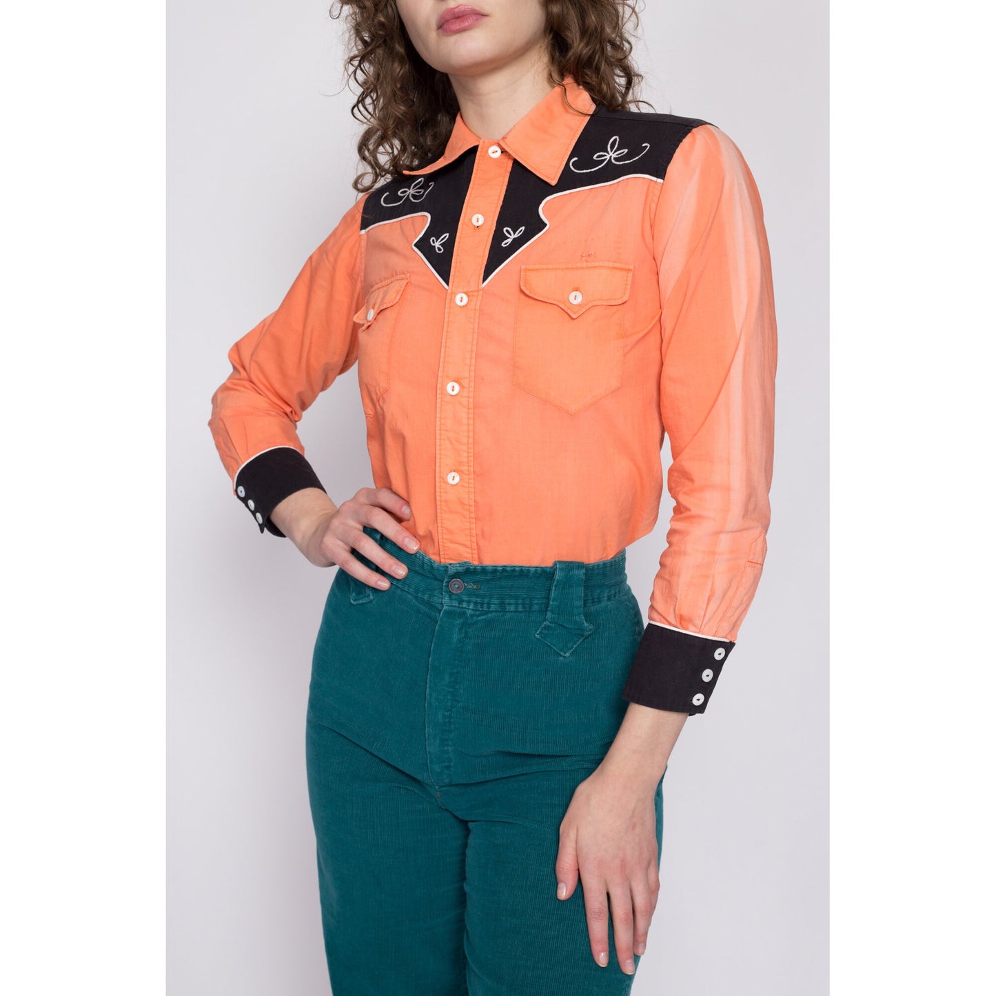 1950s Faded Orange Western Shirt - Unisex XS | Vintage 40s 50s Collared Button Up Rockabilly Top