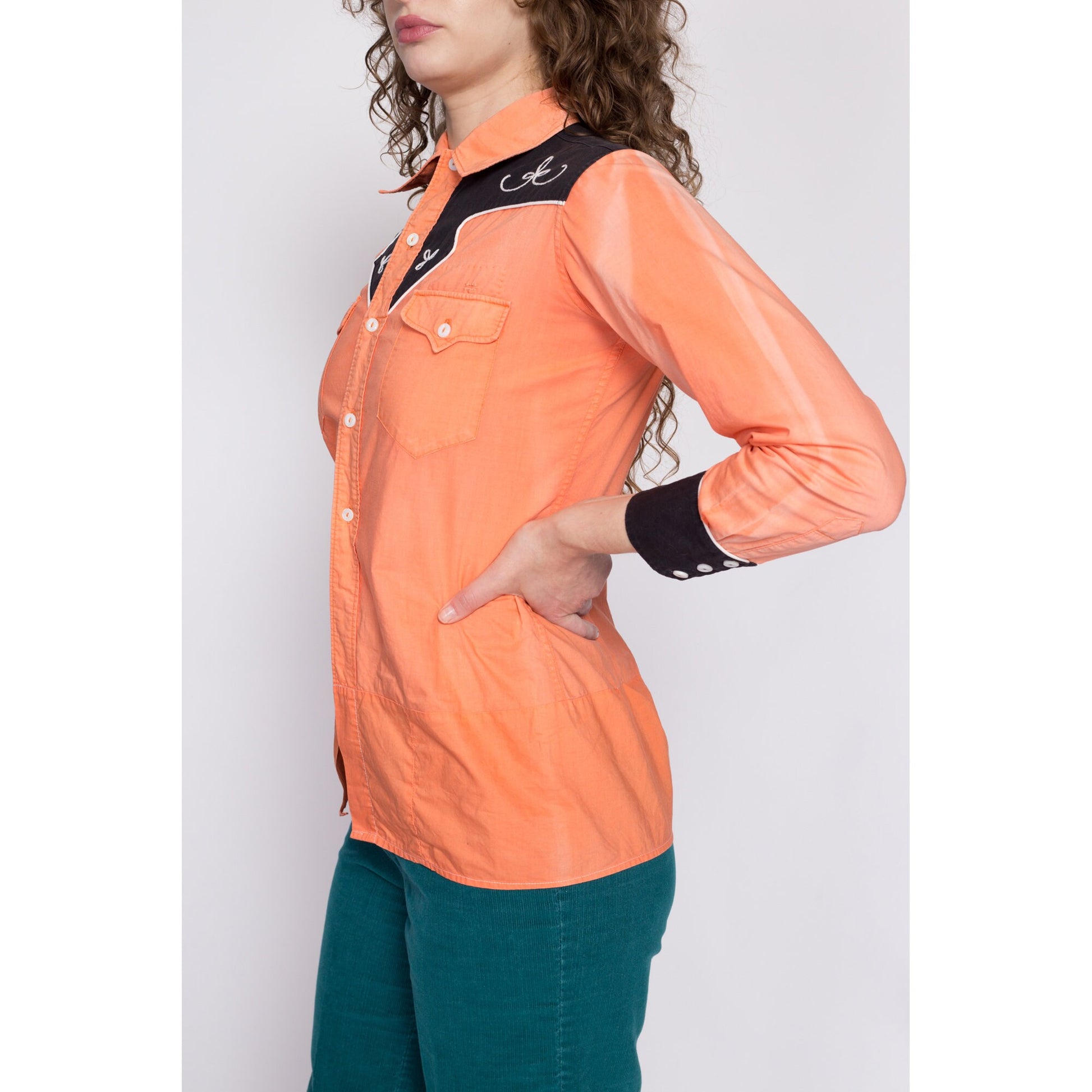 1950s Faded Orange Western Shirt - Unisex XS | Vintage 40s 50s Collared Button Up Rockabilly Top
