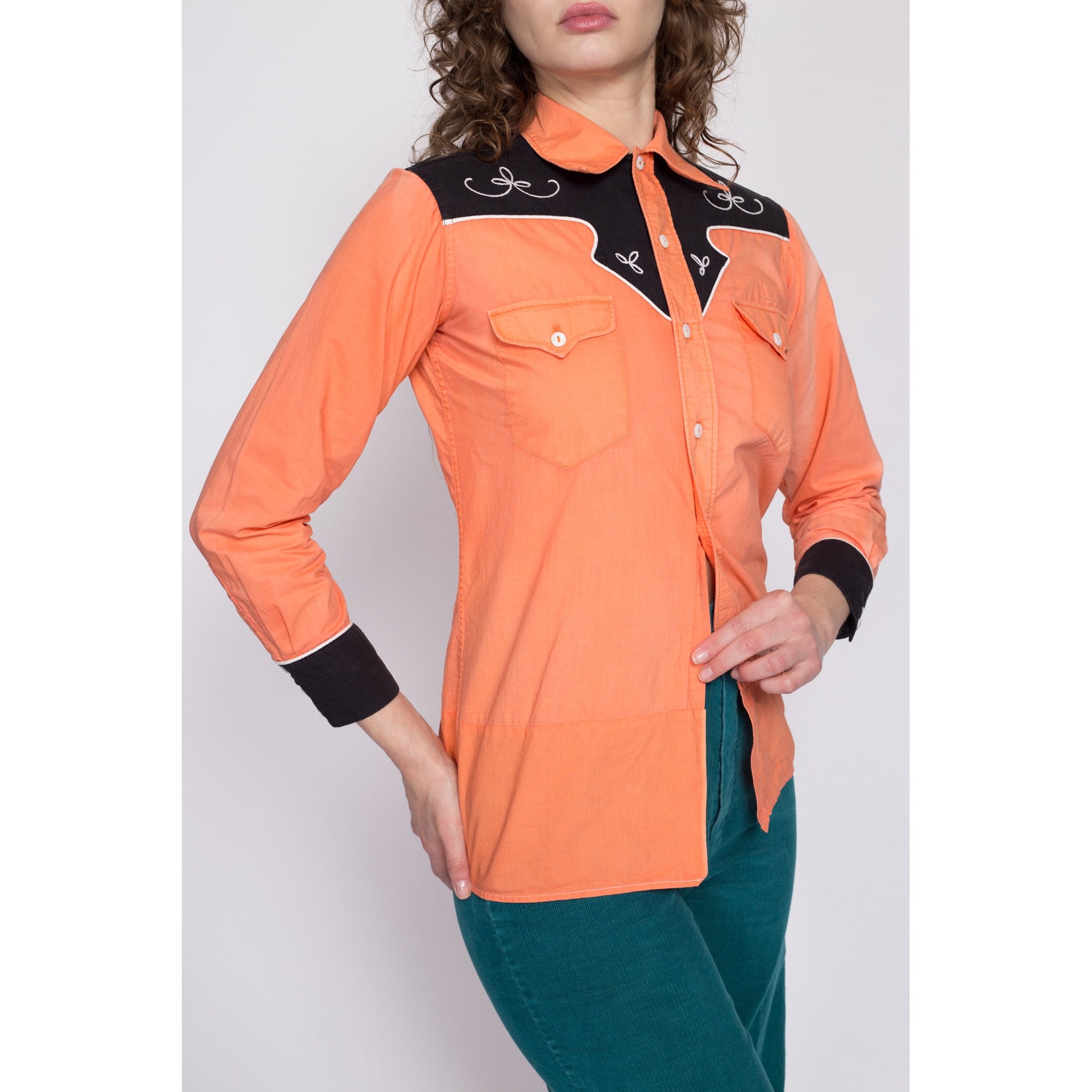 1950s Faded Orange Western Shirt - Unisex XS | Vintage 40s 50s Collared Button Up Rockabilly Top