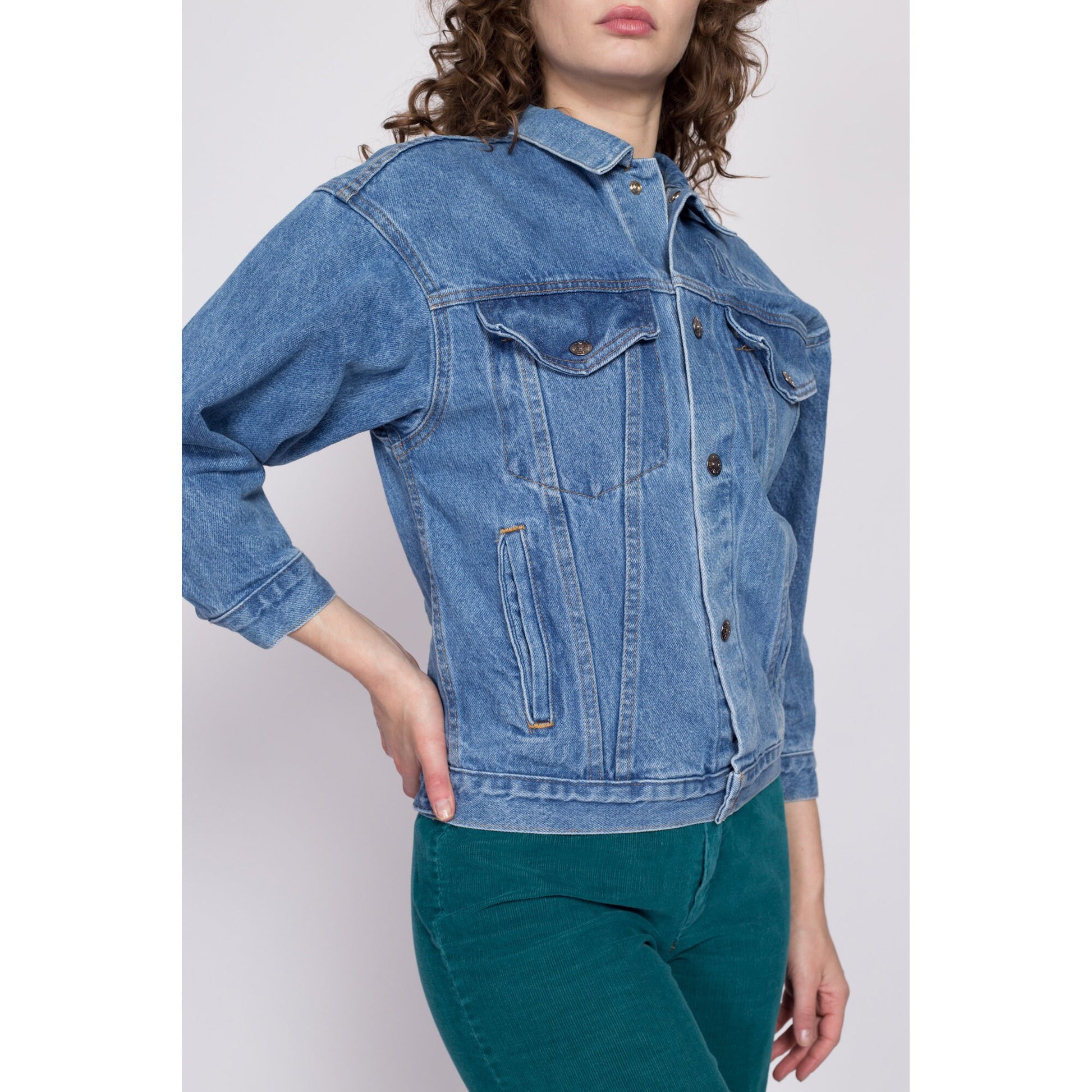 90s M&Ms Embossed Denim Jacket - Petite Small to Medium | Vintage Candy Brand Logo Coin Toss Graphic Medium Wash Jean Jacket