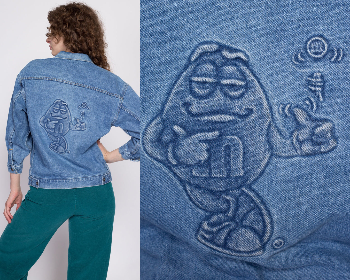 90s M&Ms Embossed Denim Jacket - Petite Small to Medium | Vintage Candy Brand Logo Coin Toss Graphic Medium Wash Jean Jacket