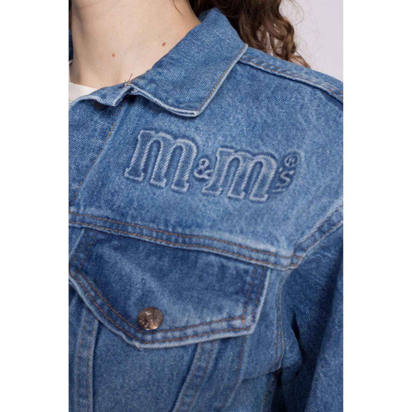90s M&Ms Embossed Denim Jacket - Petite Small to Medium | Vintage Candy Brand Logo Coin Toss Graphic Medium Wash Jean Jacket