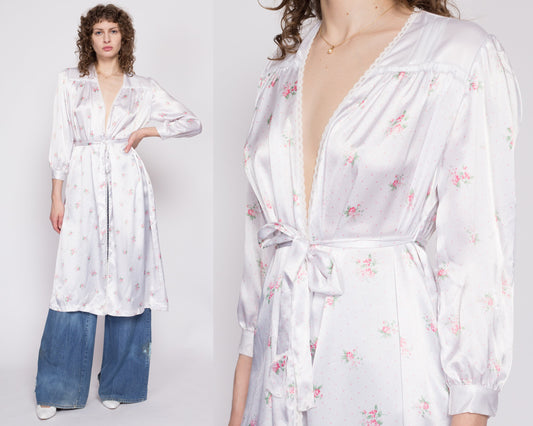 80s Dior Junior White Floral Satin Midi Robe - Petite Small | Vintage Silky Loungewear Peignoir Dressing Gown