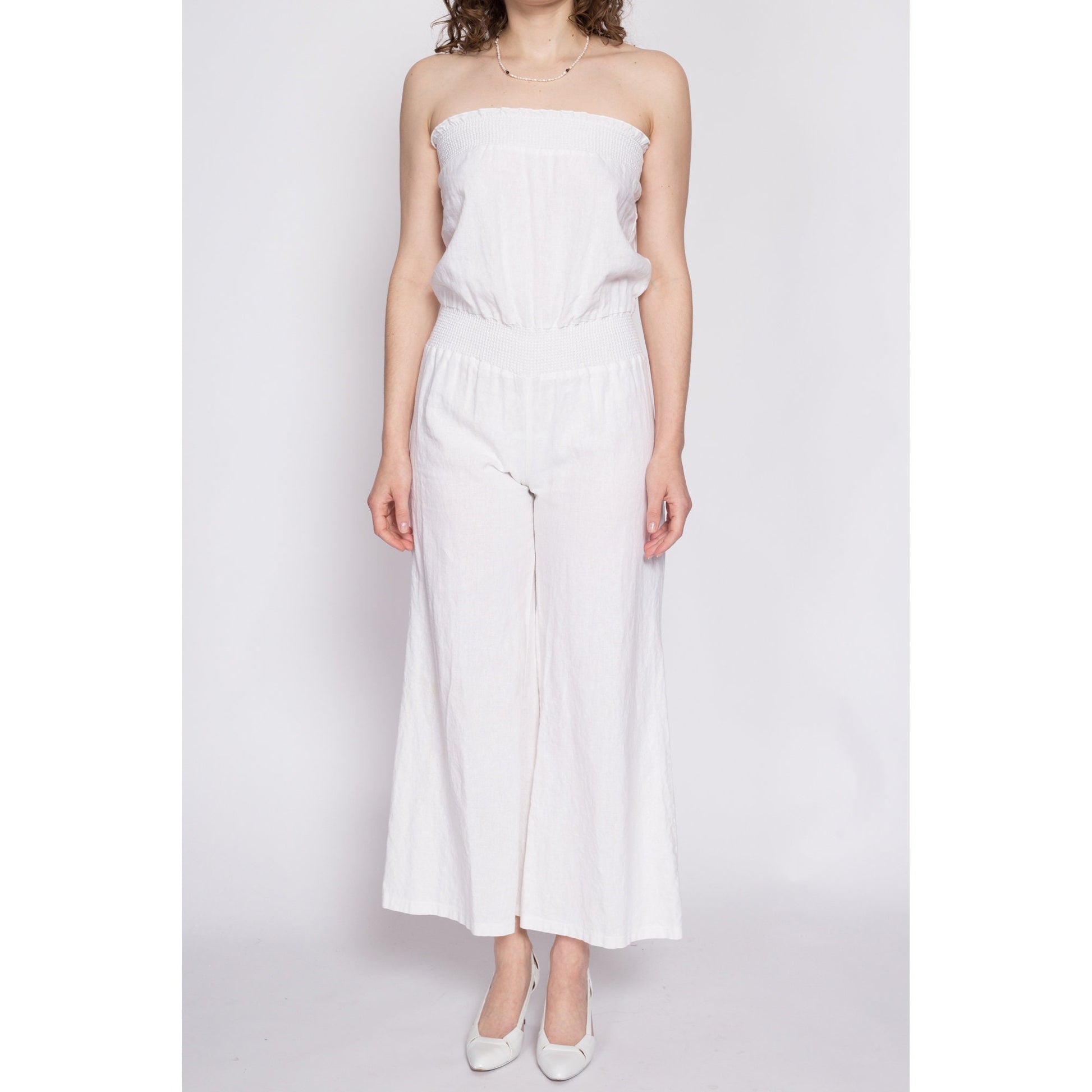 90s Y2K White Strapless Flared Leg Jumpsuit - Small | Vintage Boho Onesie Romper Pantsuit