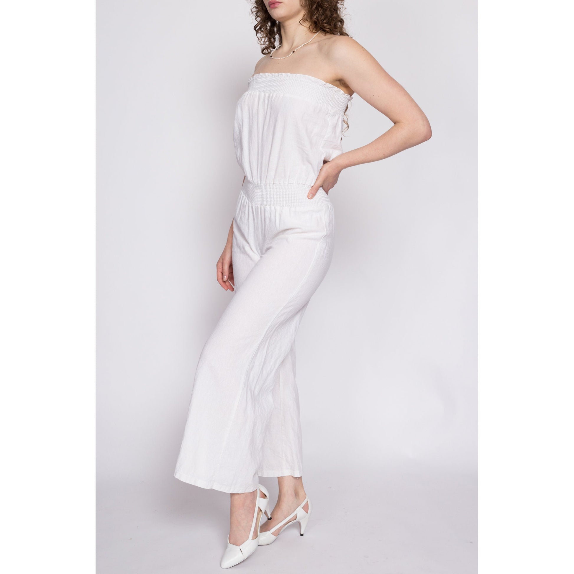 90s Y2K White Strapless Flared Leg Jumpsuit - Small | Vintage Boho Onesie Romper Pantsuit