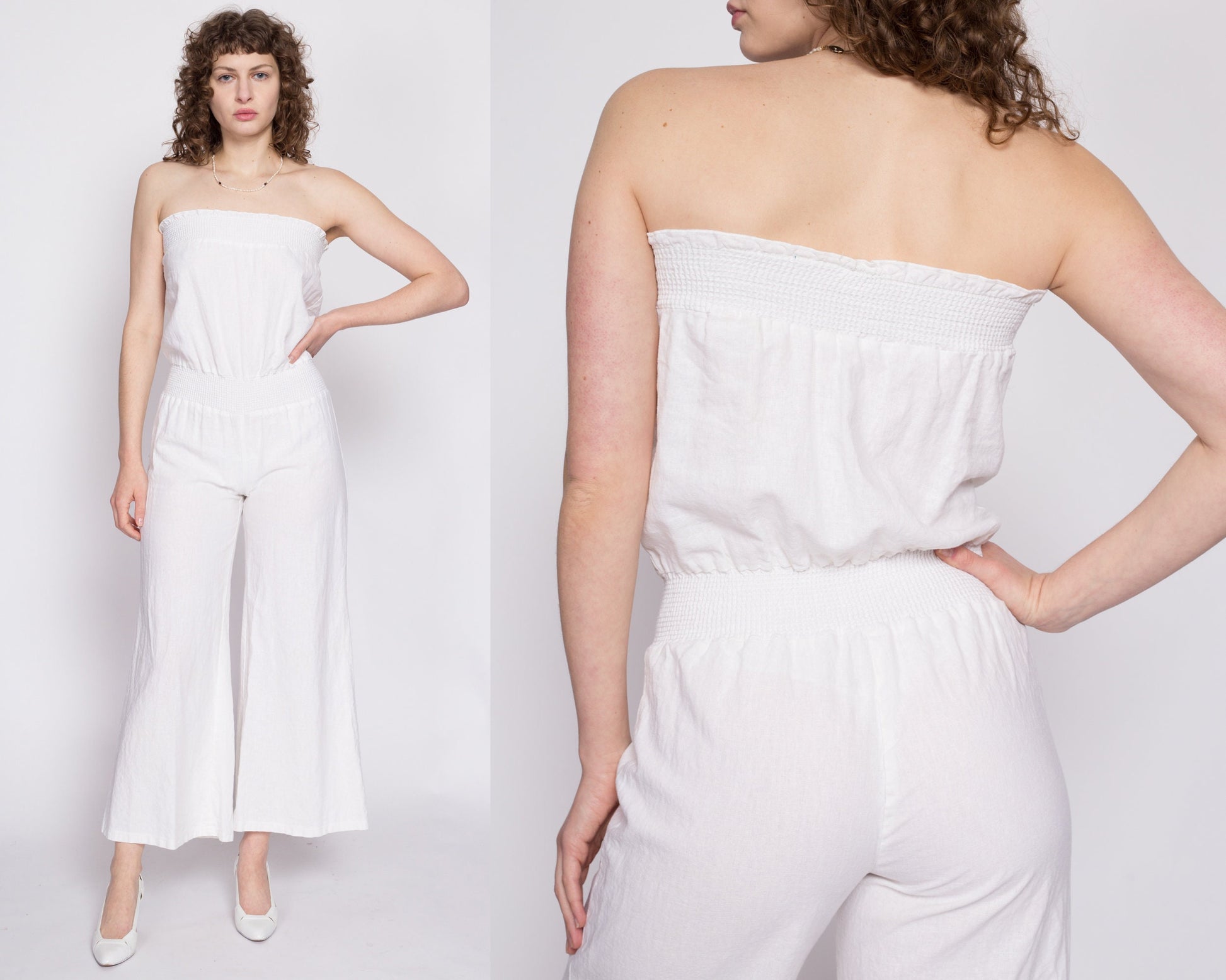 90s Y2K White Strapless Flared Leg Jumpsuit - Small | Vintage Boho Onesie Romper Pantsuit