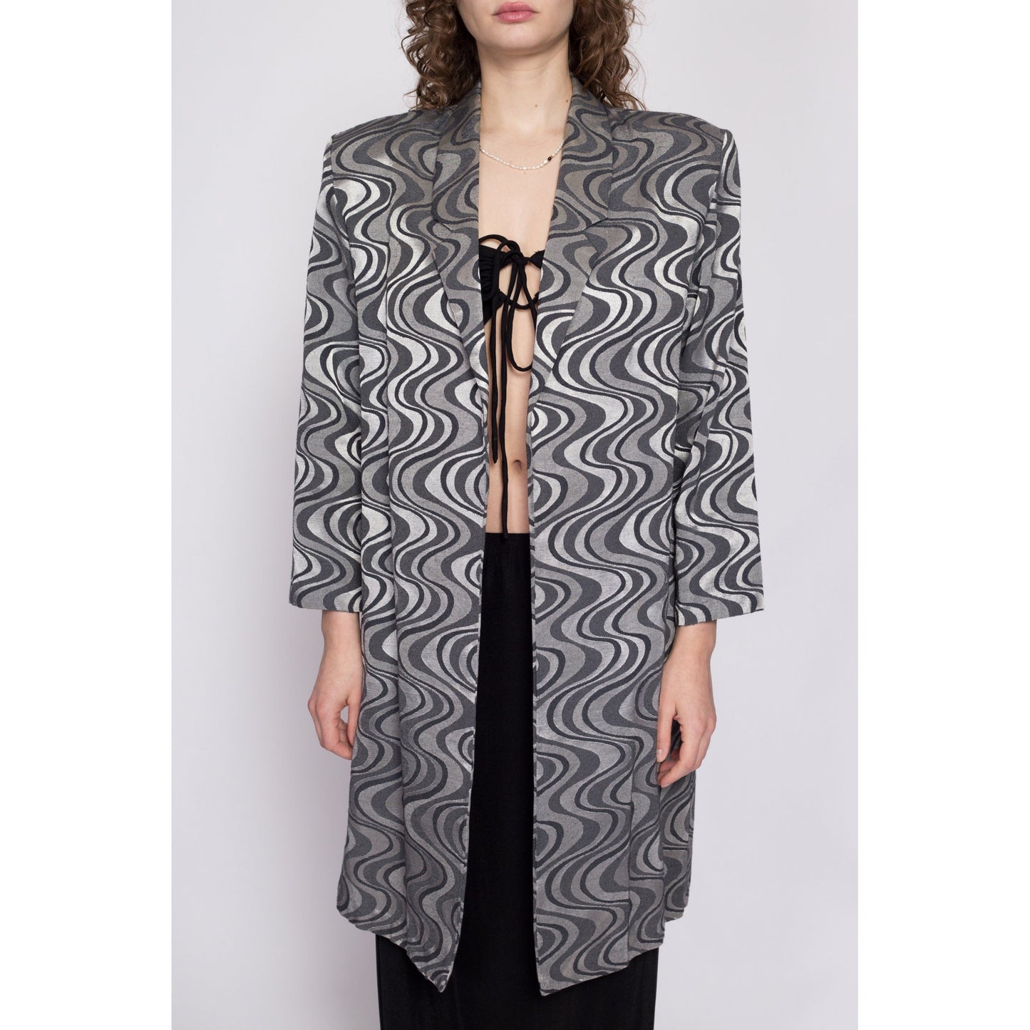 80s Silver & Black Wavy Op Art Jacket - Large | Vintage New Wave Open Fit Long Statement Blazer
