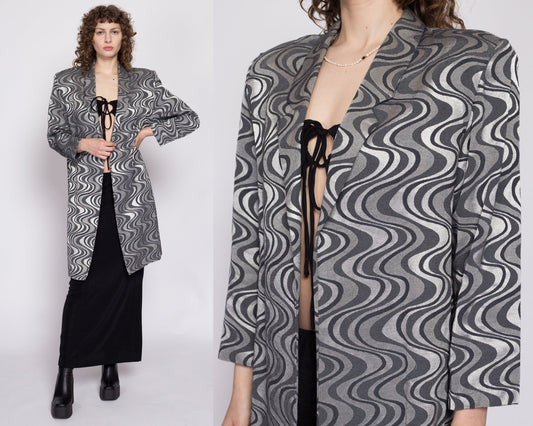 80s Silver & Black Wavy Op Art Jacket - Large | Vintage New Wave Open Fit Long Statement Blazer