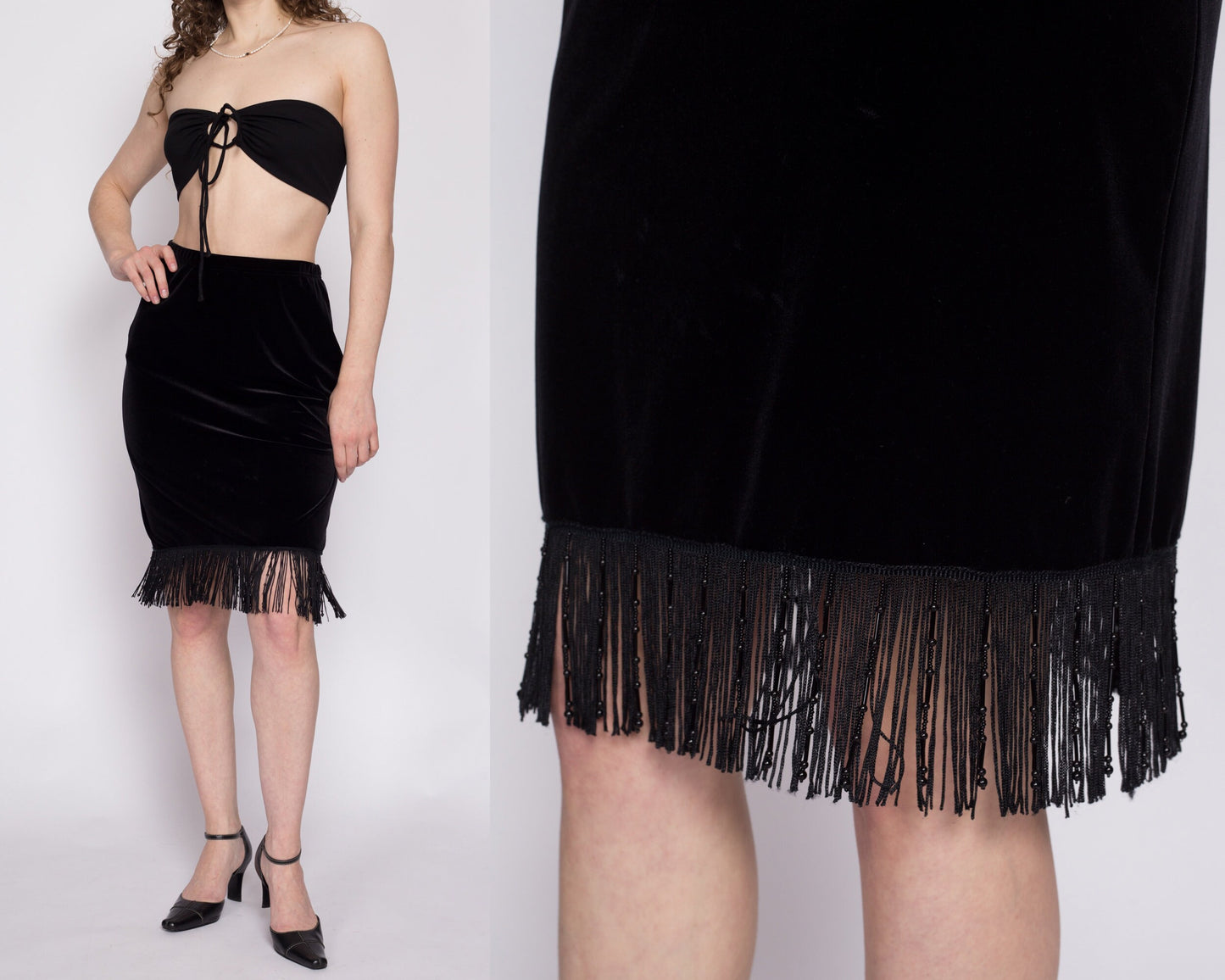 90s Beaded Fringe Black Velvet Mini Skirt - Medium | Vintage High Waisted A Line Knee Length Skirt