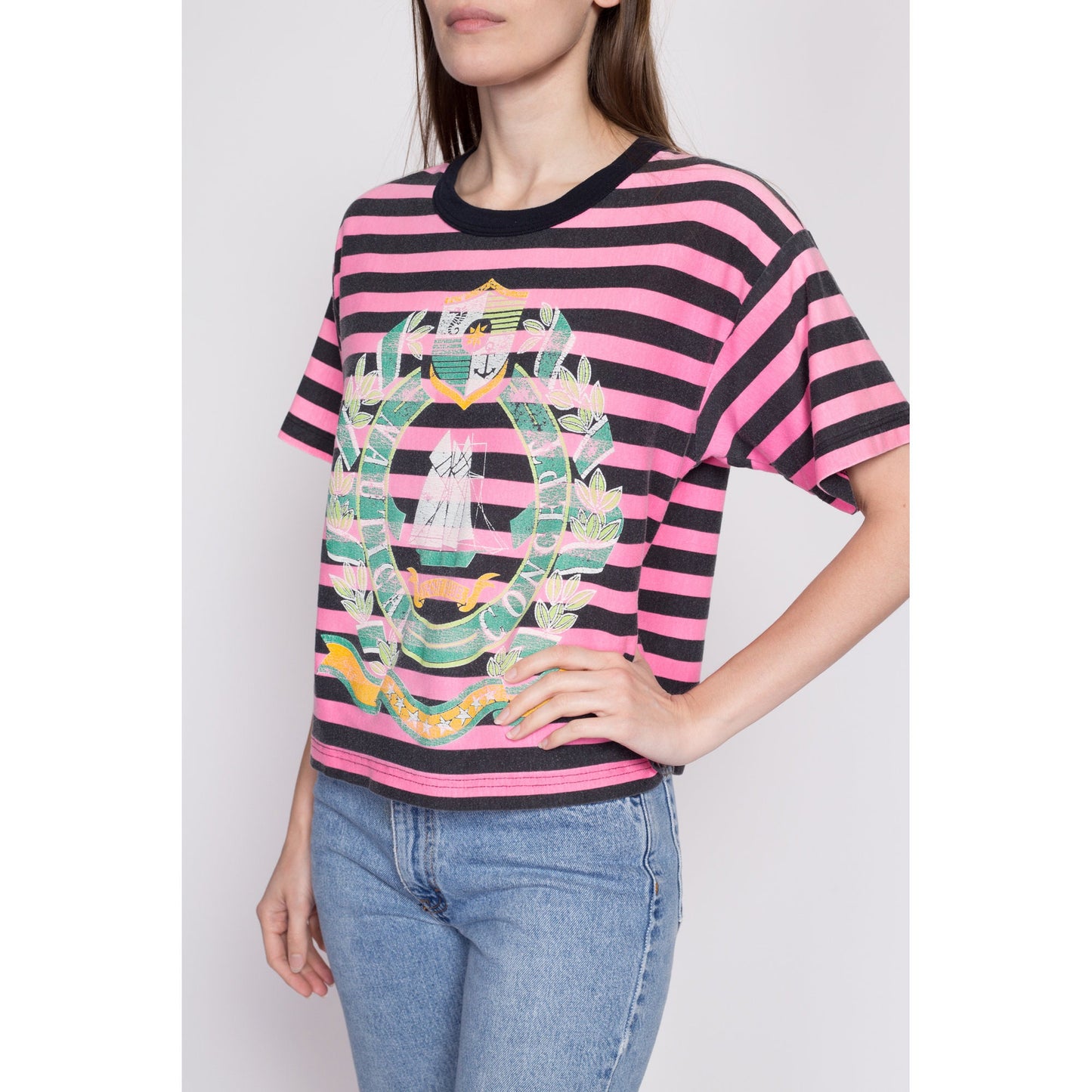 80s Yacht Club Striped Ringer T Shirt - Medium | Vintage Pink Black Oversize Nautical Graphic Tee