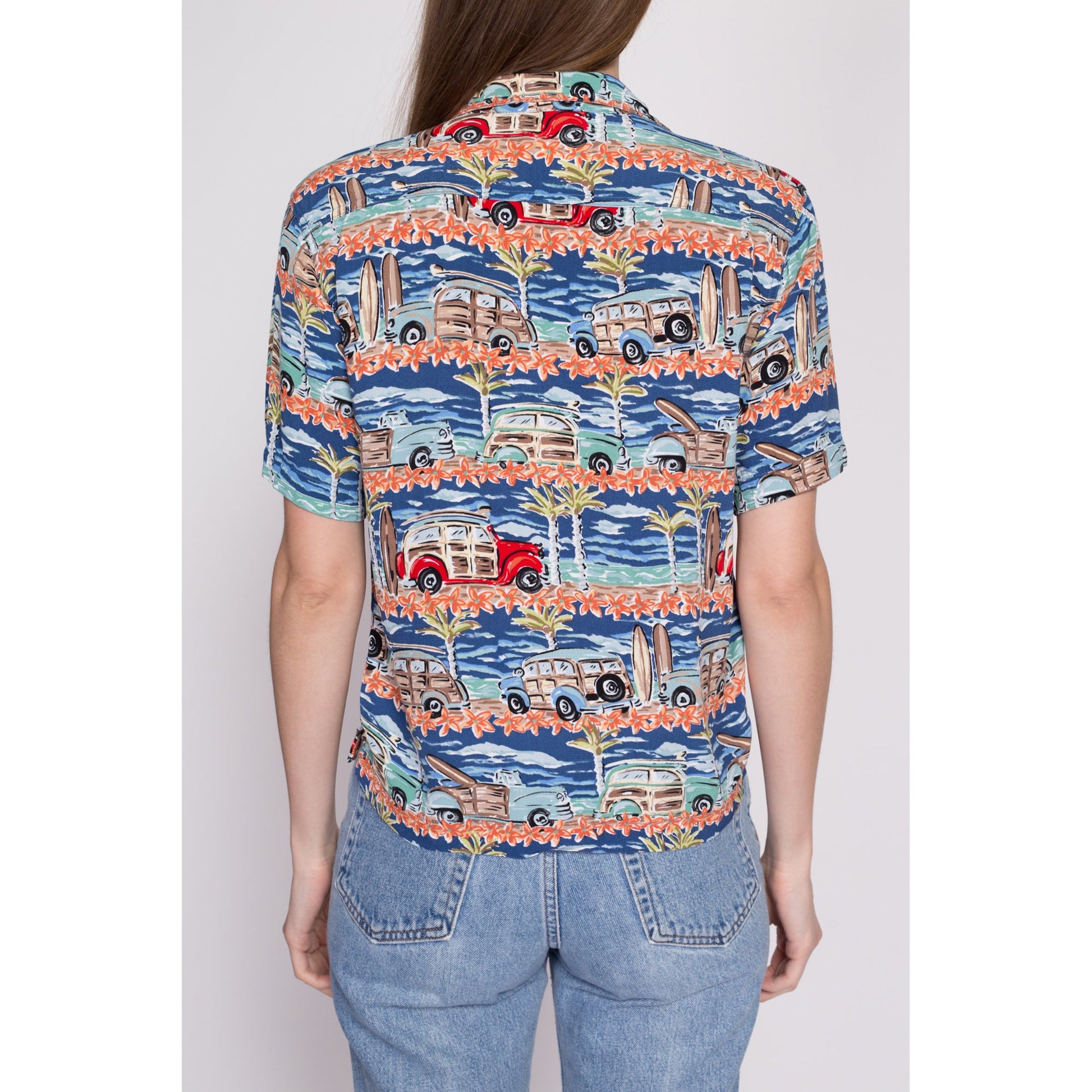 90s Woody Wagon Surfer Aloha Shirt - Small | Vintage Button Up Short Sleeve Collared Hawaiian Shirt