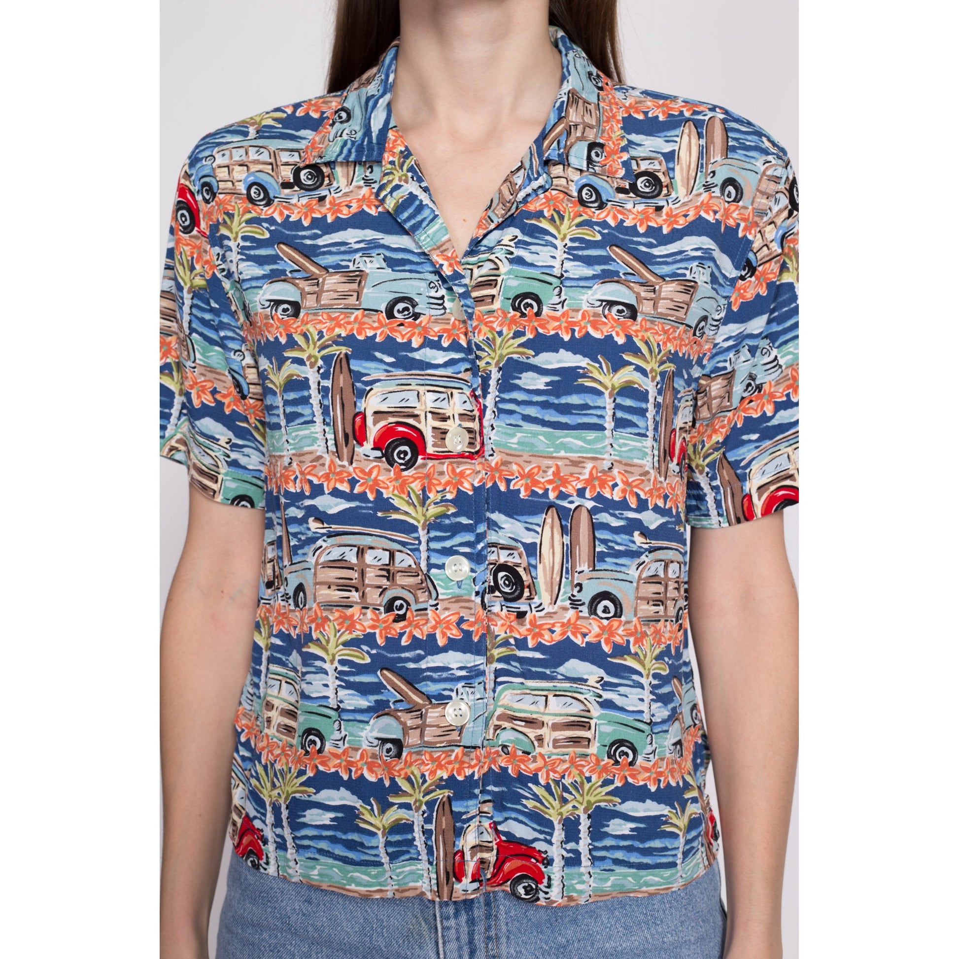 90s Woody Wagon Surfer Aloha Shirt - Small | Vintage Button Up Short Sleeve Collared Hawaiian Shirt