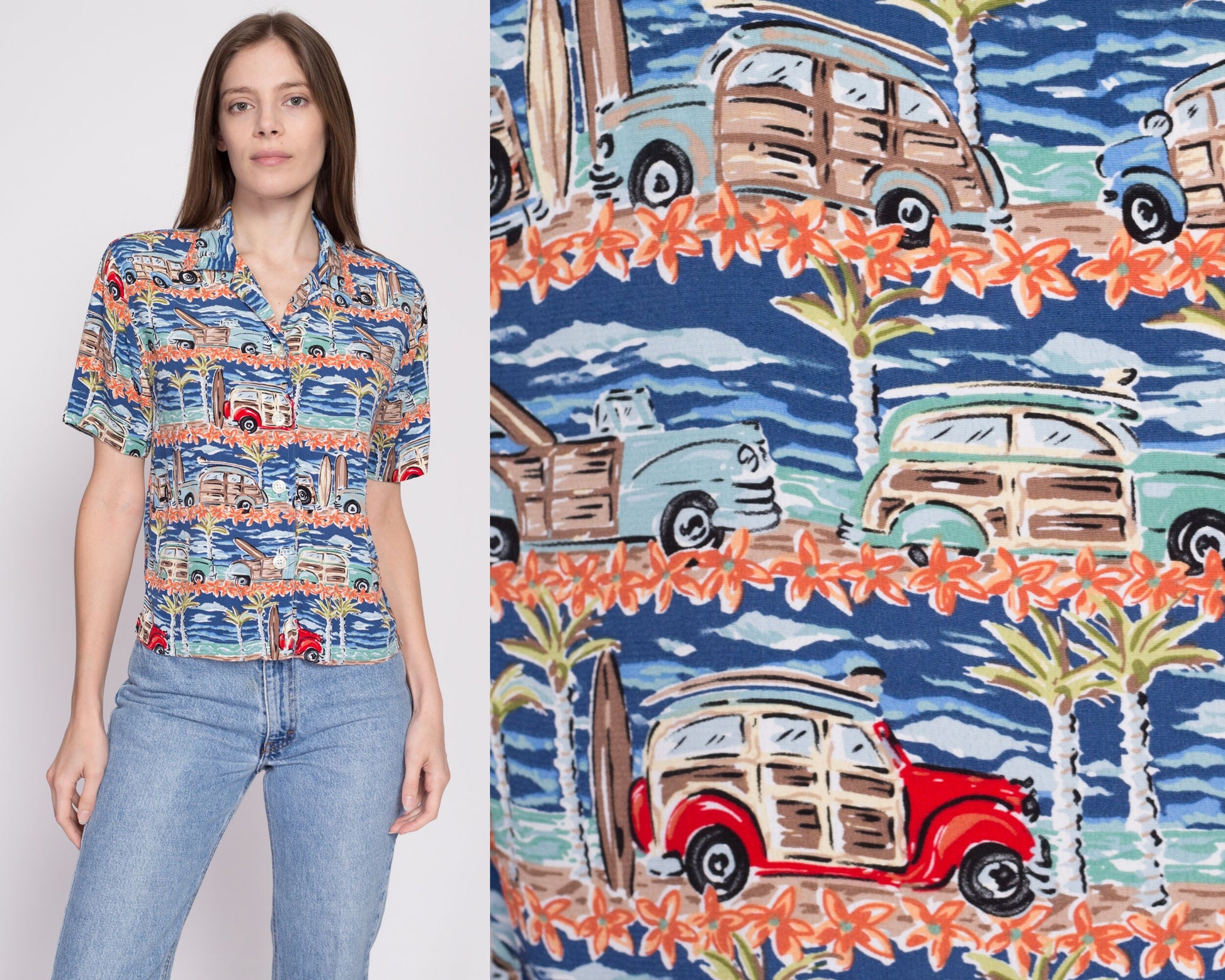 90s Woody Wagon Surfer Aloha Shirt - Small | Vintage Button Up Short Sleeve Collared Hawaiian Shirt