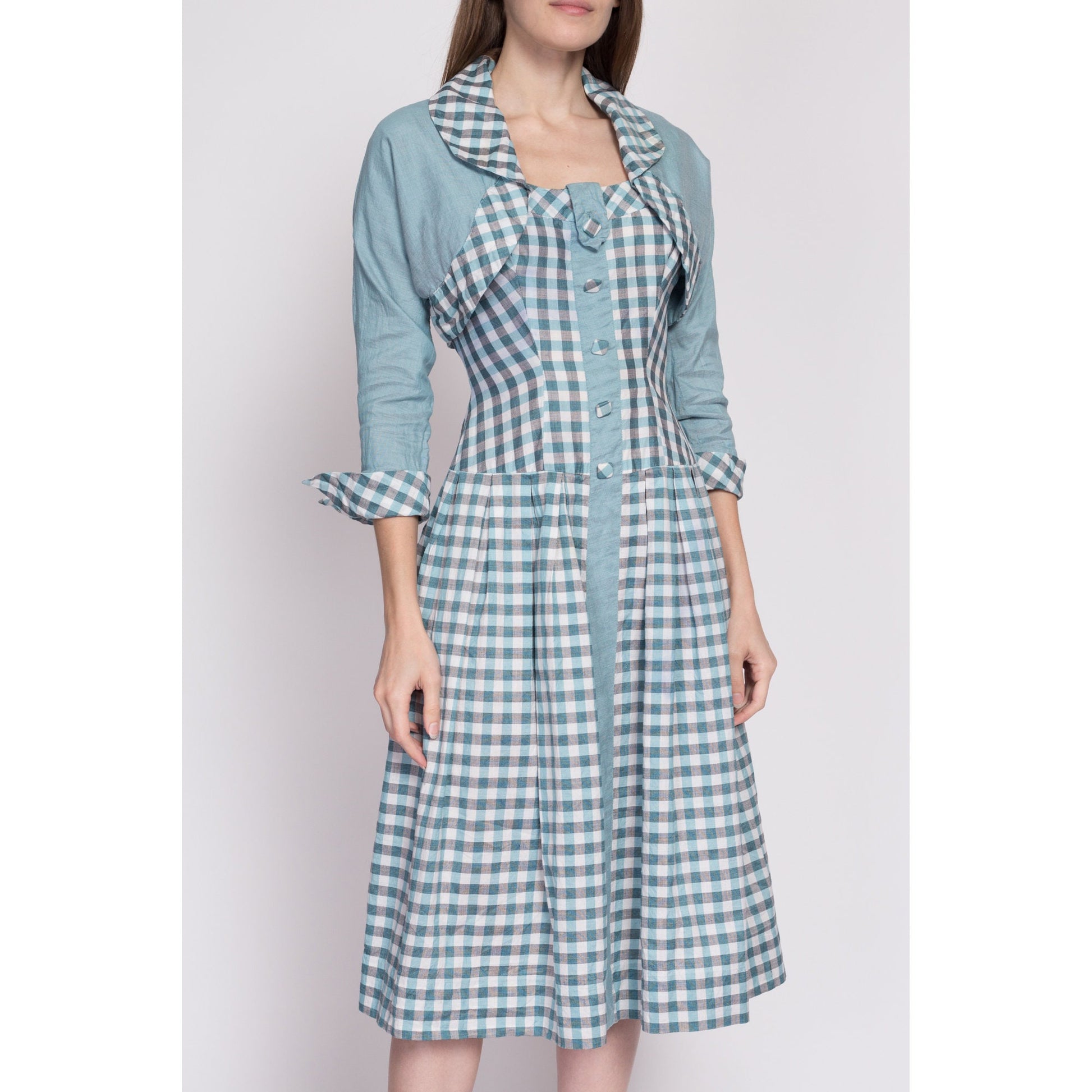 1940s Blue Gingham Midi Dress & Bolero Jacket - Small | Vintage 40s 50s Fit Flare Matching Two Piece Set
