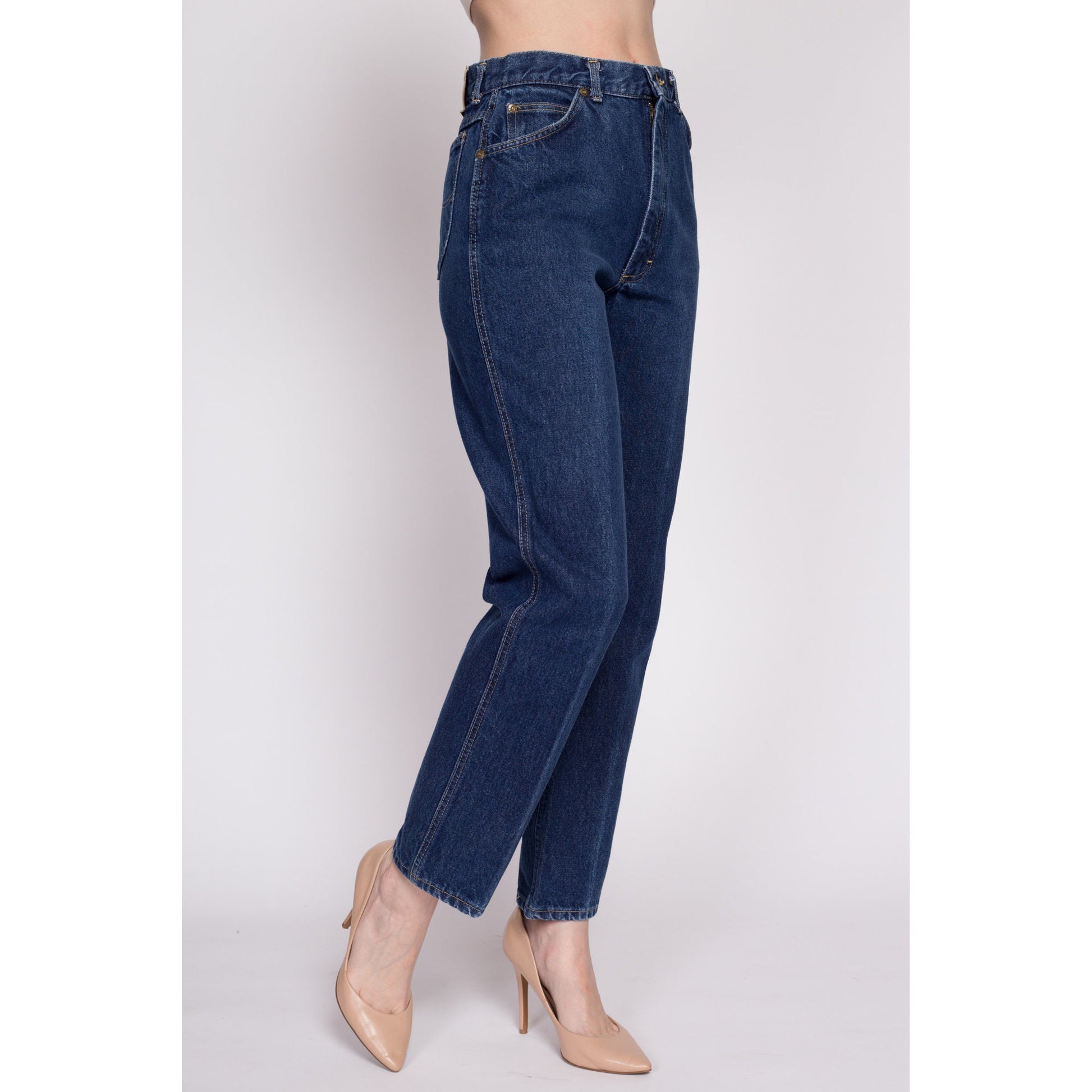80s Lee Riders Dark Wash Jeans - Petite Medium, 27.5" | Vintage High Waisted Tapered Leg Mom Jeans