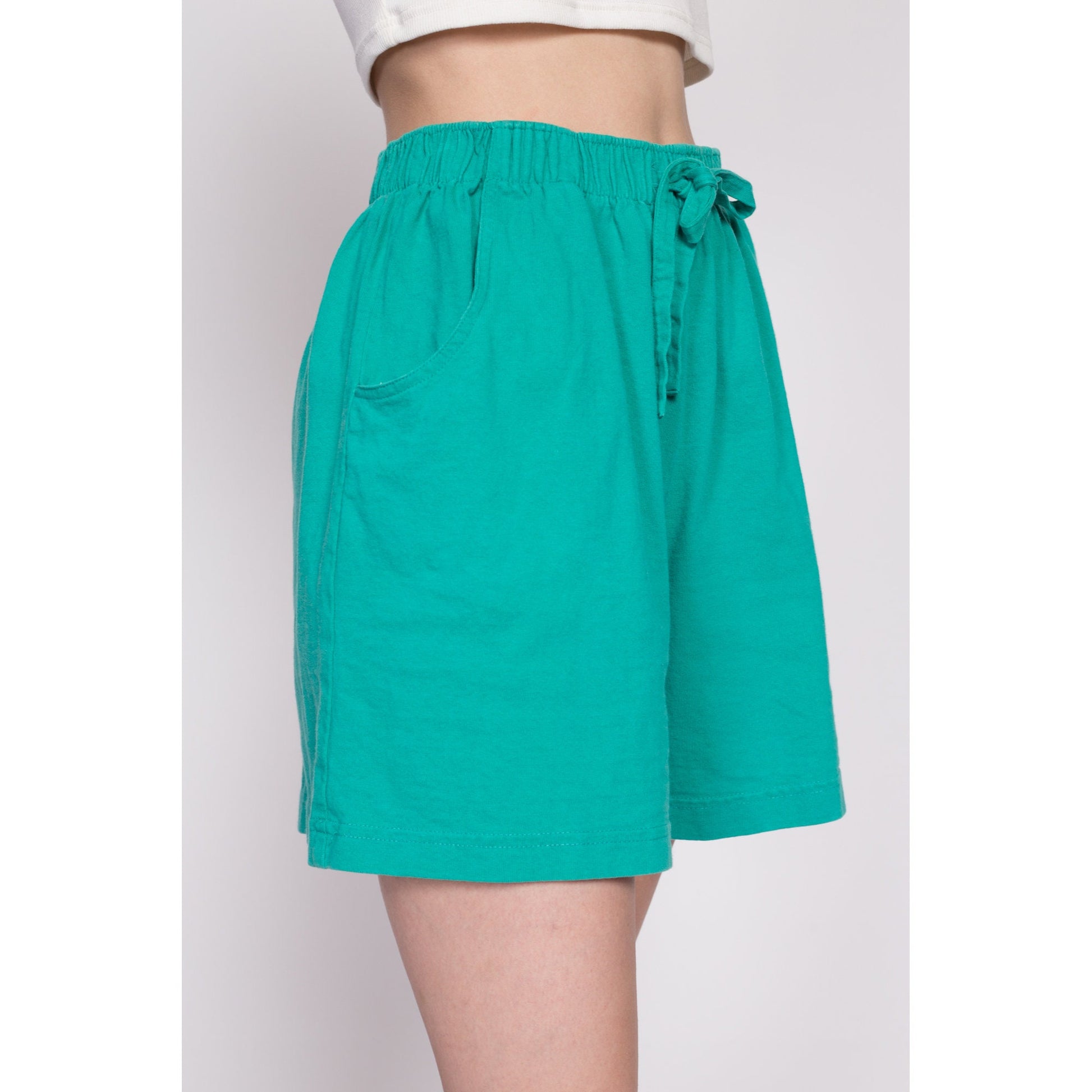 80s Teal Green Cotton Elastic Waist Shorts - Small to Medium | Vintage High Rise Wide Leg Causal Pocket Lounge Shorts