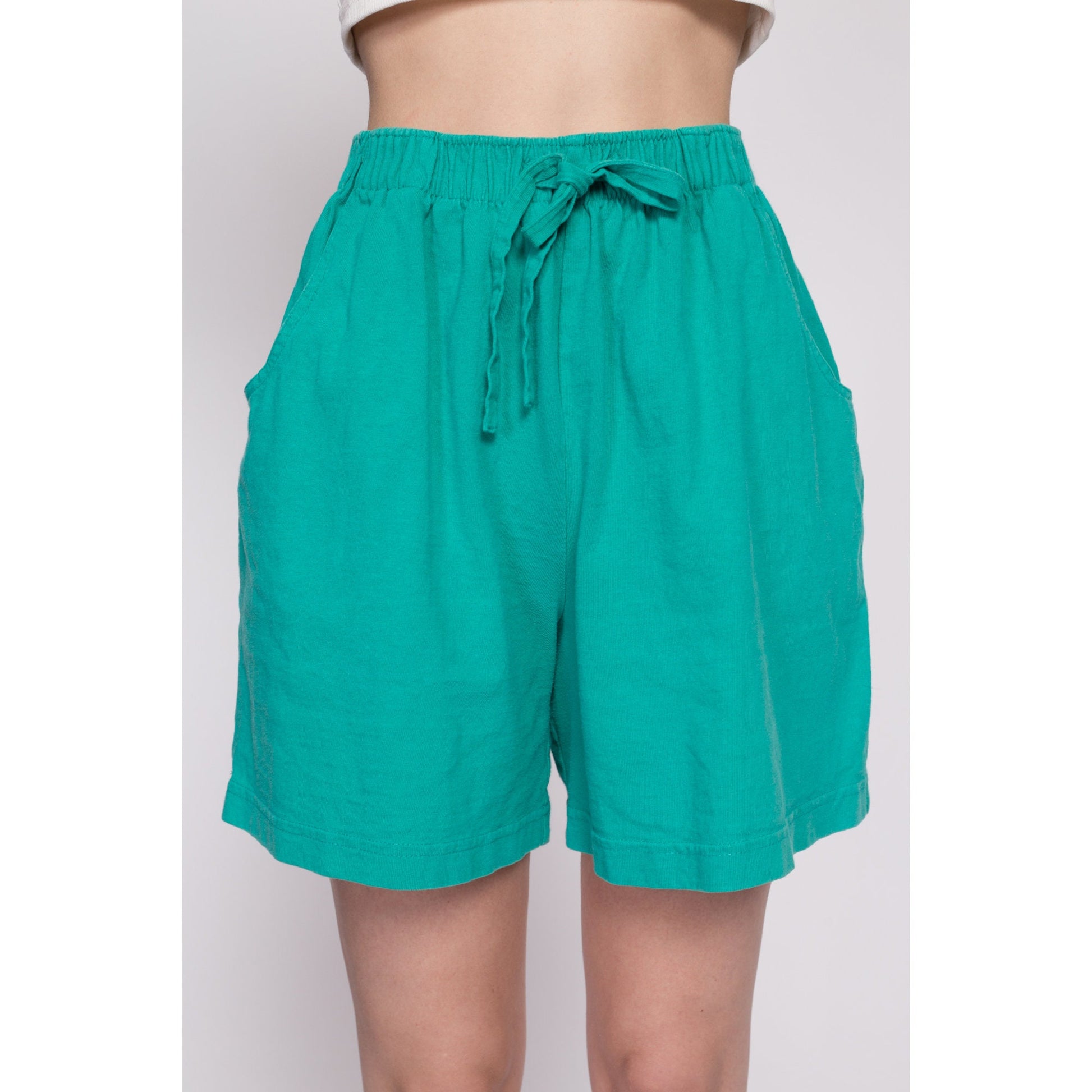 80s Teal Green Cotton Elastic Waist Shorts - Small to Medium | Vintage High Rise Wide Leg Causal Pocket Lounge Shorts