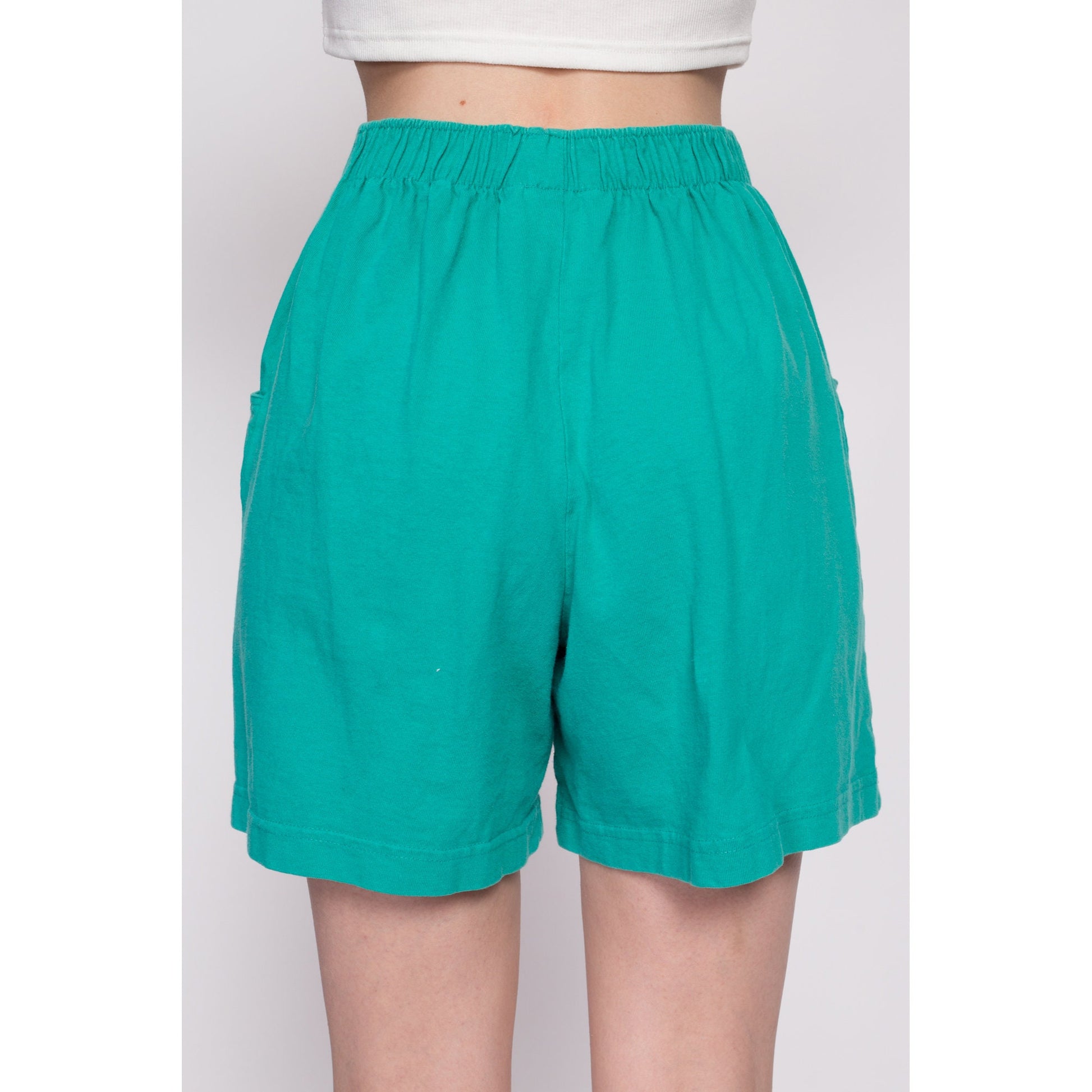 80s Teal Green Cotton Elastic Waist Shorts - Small to Medium | Vintage High Rise Wide Leg Causal Pocket Lounge Shorts