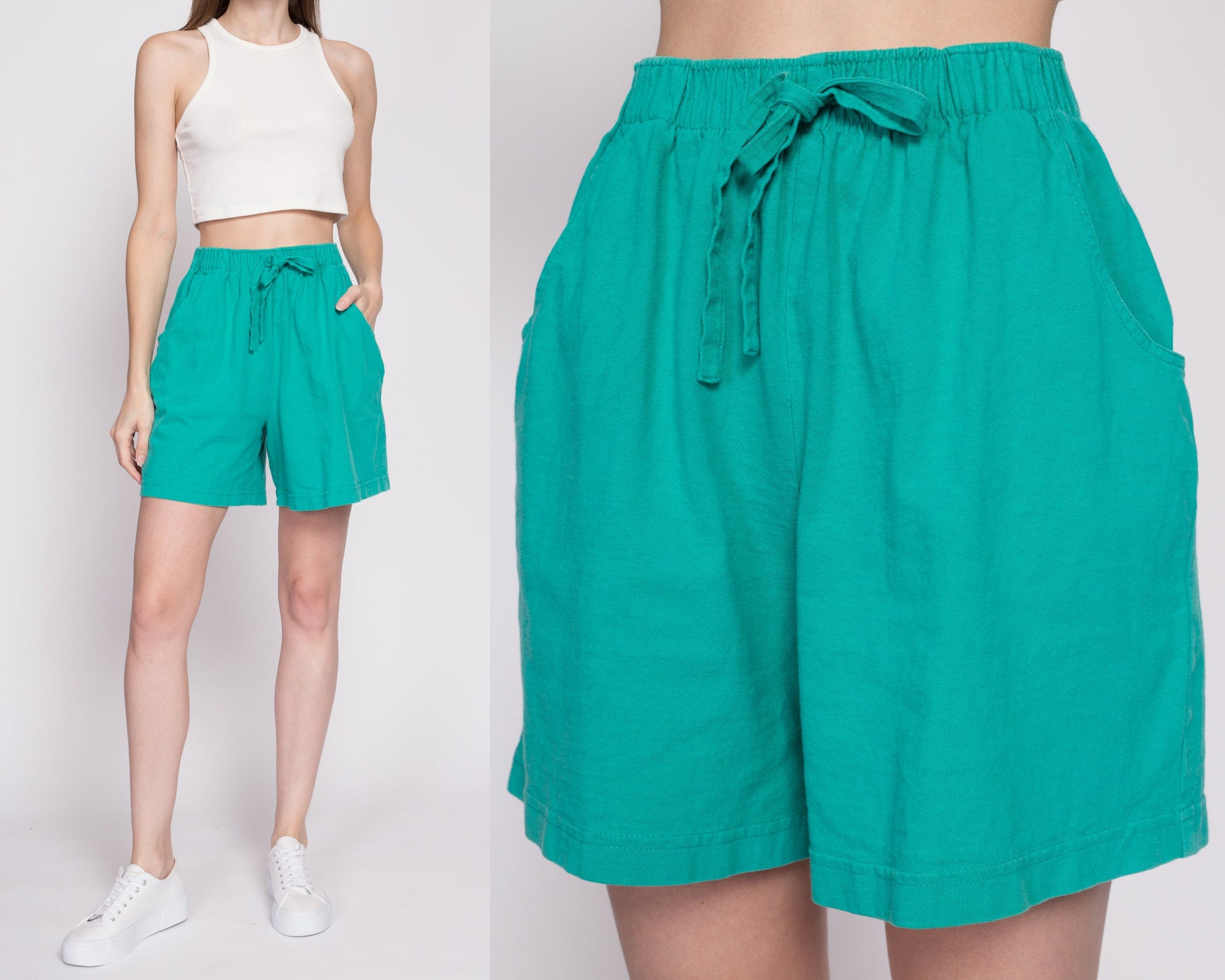 80s Teal Green Cotton Elastic Waist Shorts - Small to Medium | Vintage High Rise Wide Leg Causal Pocket Lounge Shorts