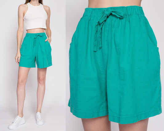 80s Teal Green Cotton Elastic Waist Shorts - Small to Medium | Vintage High Rise Wide Leg Causal Pocket Lounge Shorts