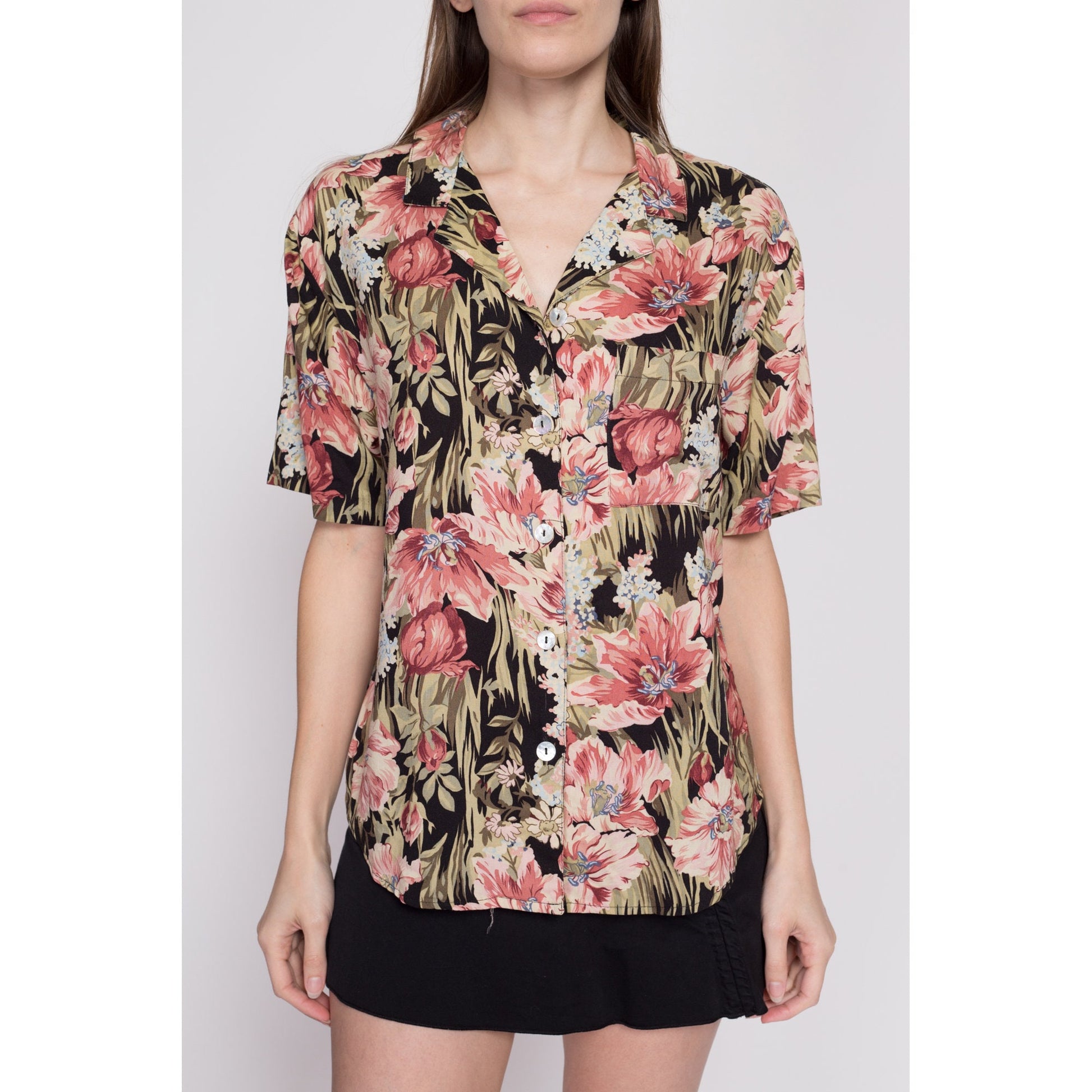 Vintage Floral Lily Print Rayon Blouse - Large | 80s 90s Boho Grunge Button Up Short Sleeve Collared Top