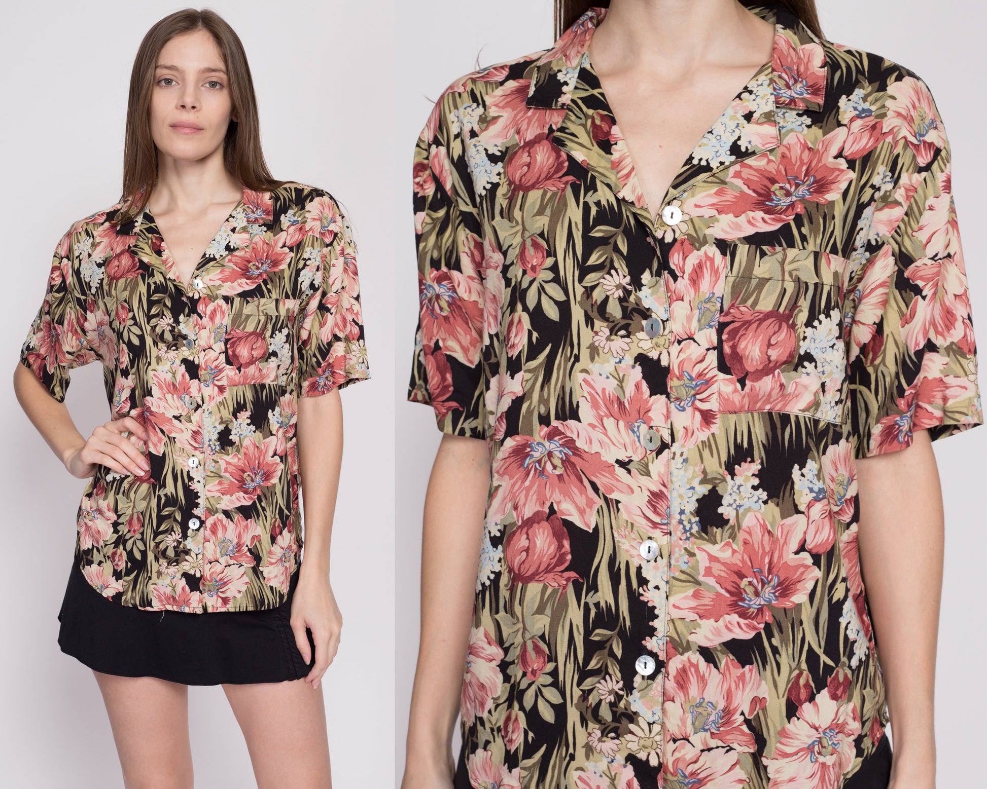 Vintage Floral Lily Print Rayon Blouse - Large | 80s 90s Boho Grunge Button Up Short Sleeve Collared Top