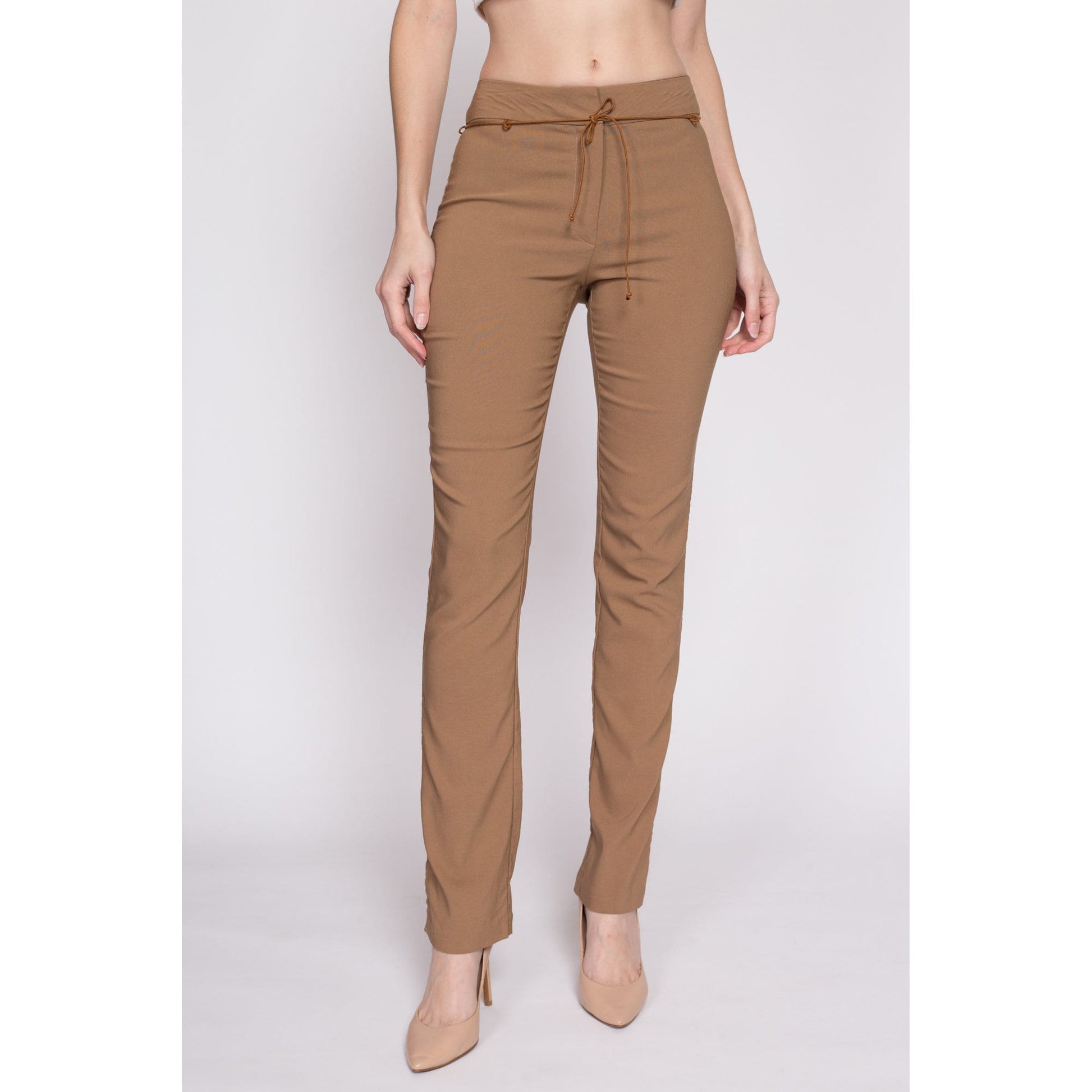 90s Y2K Mid Rise Slim Belted Pants - Extra Small | Vintage Split Leg Tan Stretchy Trousers