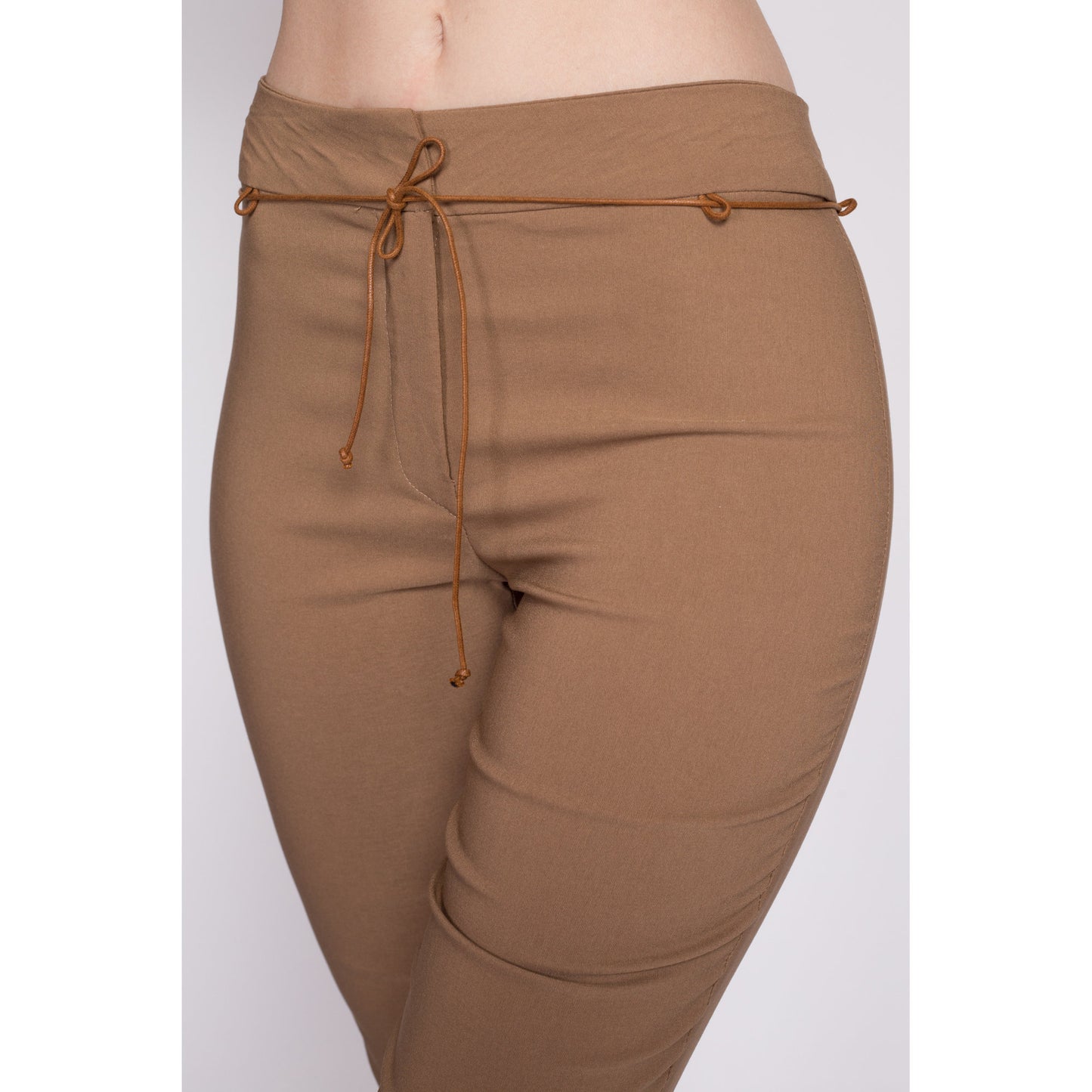90s Y2K Mid Rise Slim Belted Pants - Extra Small | Vintage Split Leg Tan Stretchy Trousers
