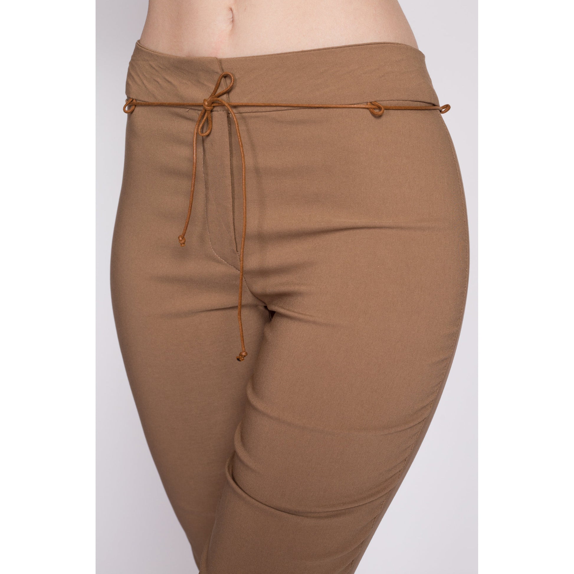 90s Y2K Mid Rise Slim Belted Pants - Extra Small | Vintage Split Leg Tan Stretchy Trousers