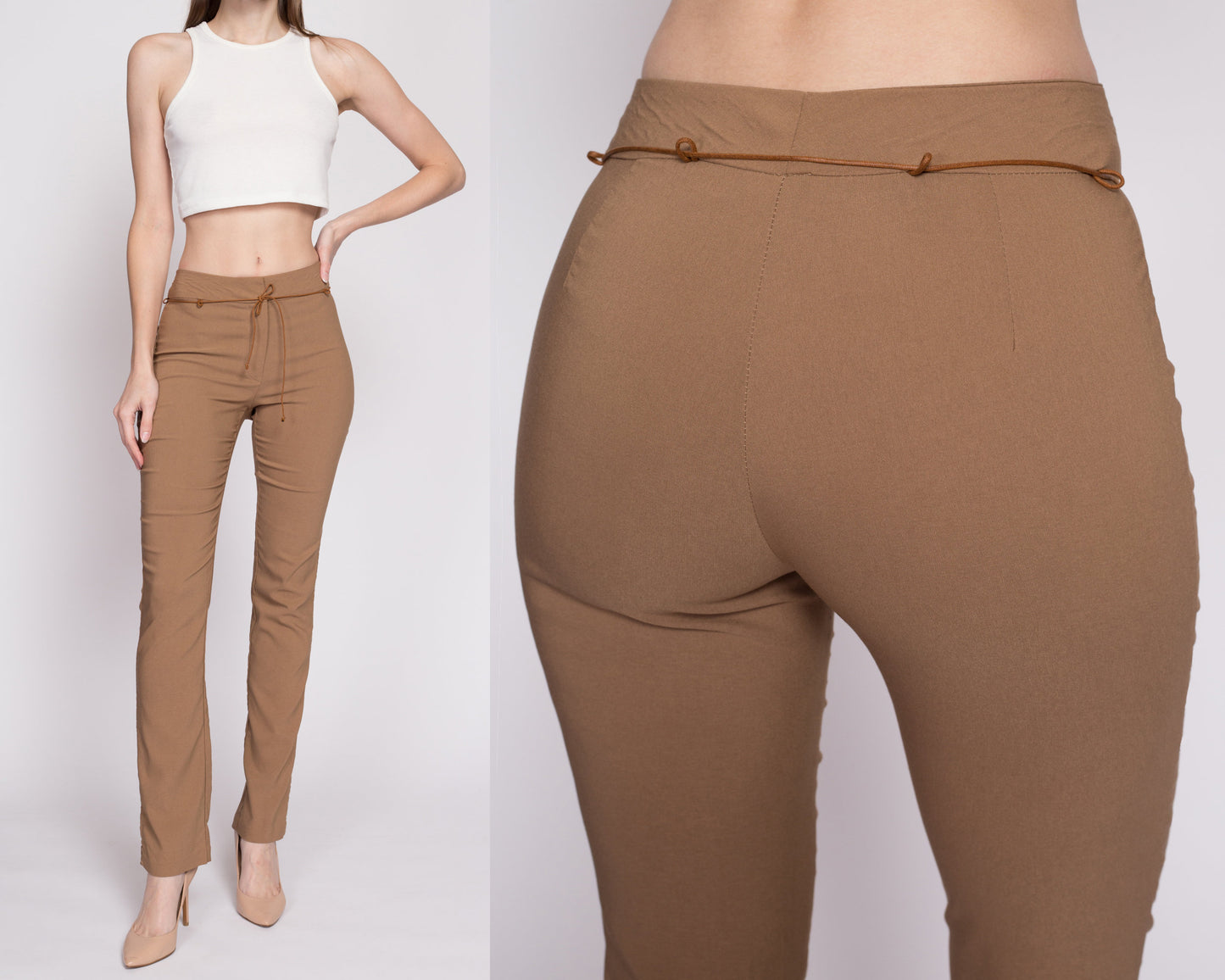 90s Y2K Mid Rise Slim Belted Pants - Extra Small | Vintage Split Leg Tan Stretchy Trousers