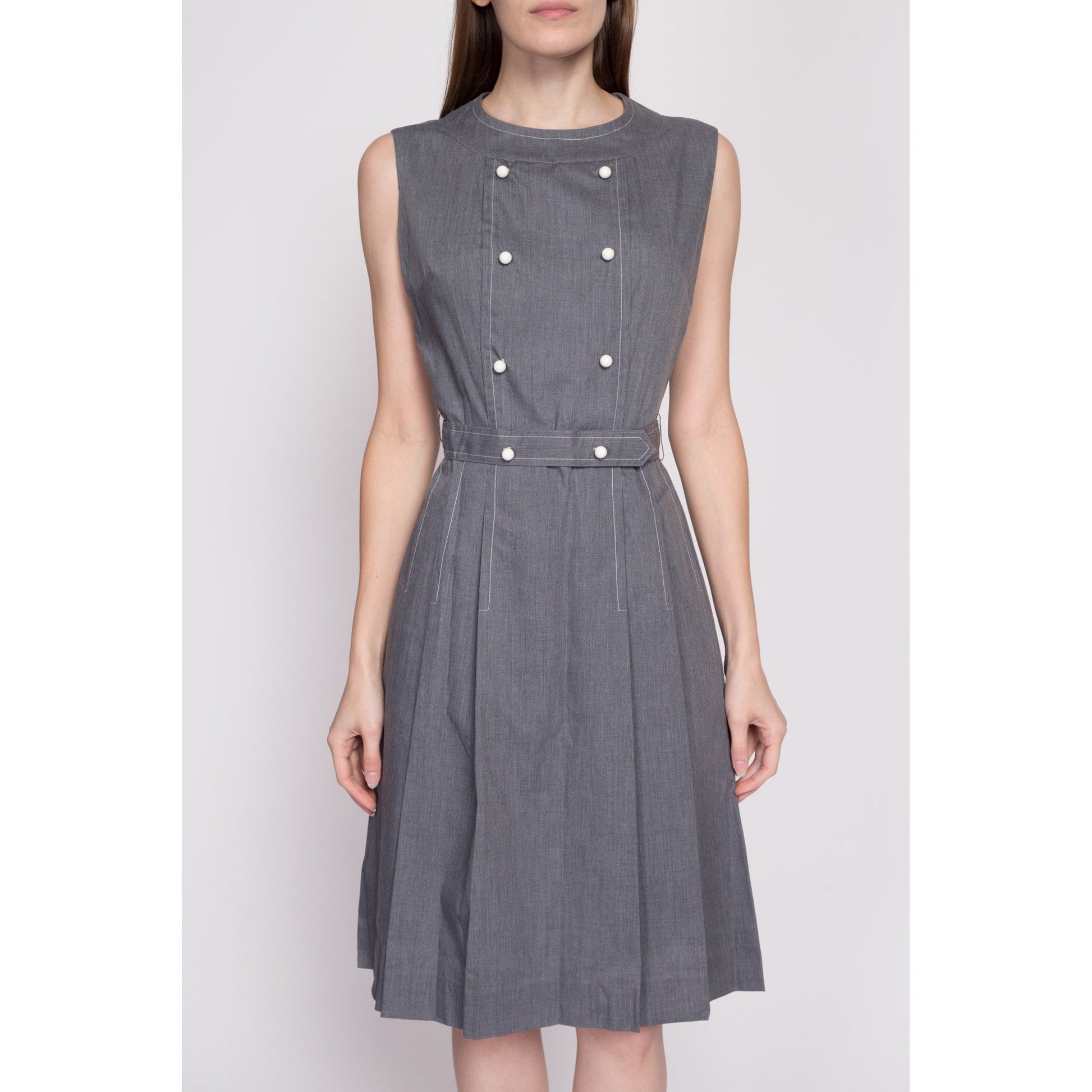60s Grey Double Breasted Fit & Flare Dress - Small | Vintage Belted Mod Sleeveless Midi Dress