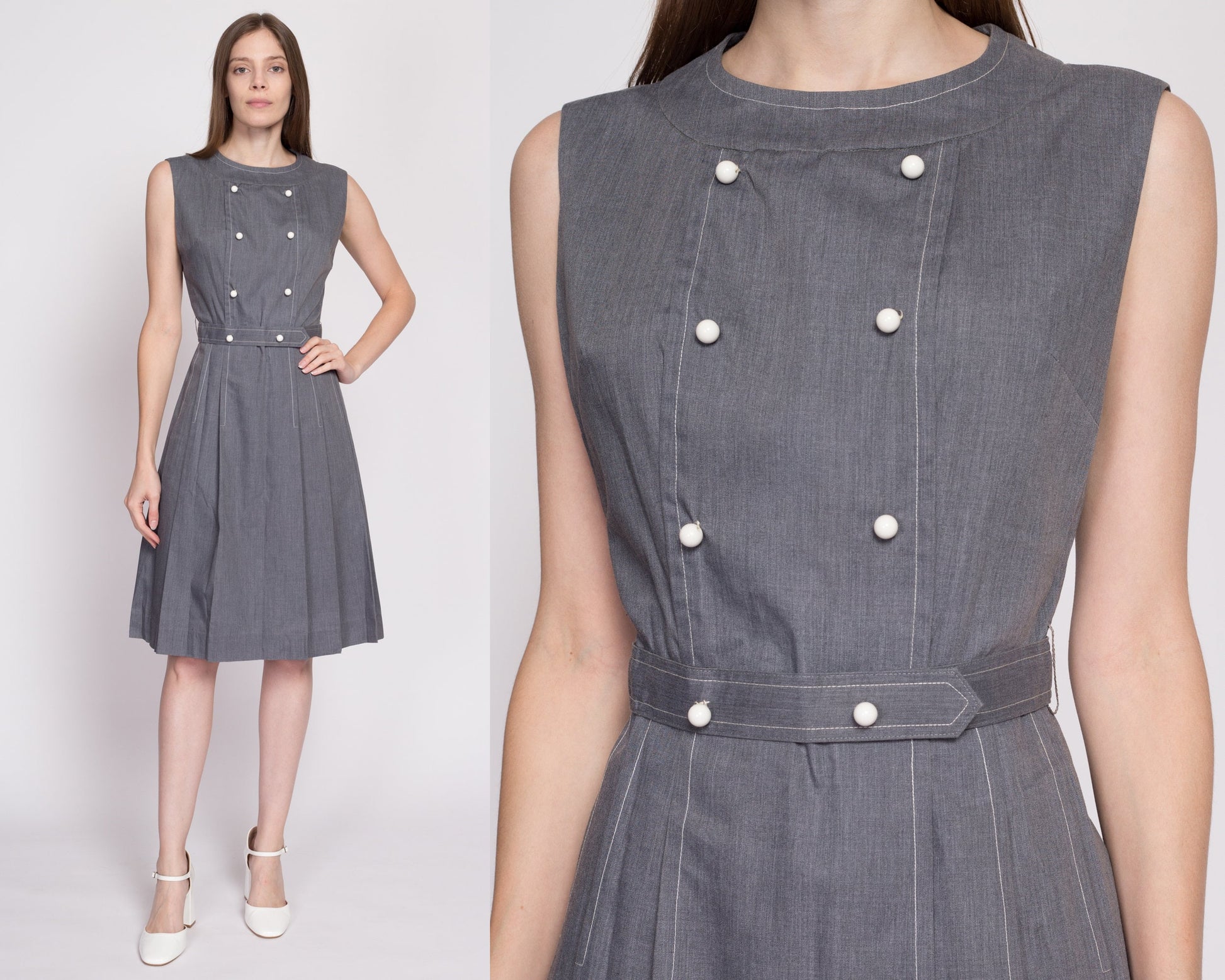 60s Grey Double Breasted Fit & Flare Dress - Small 60s Grey Double Breasted Fit & Flare Dress - Small