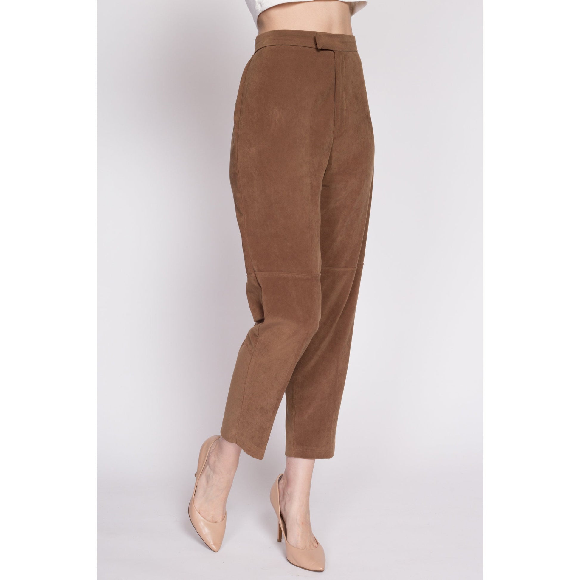 80s Brown Ultrasuede Trousers - Petite Medium, 28.5" | Vintage Faux Leather Tapered Leg Pants
