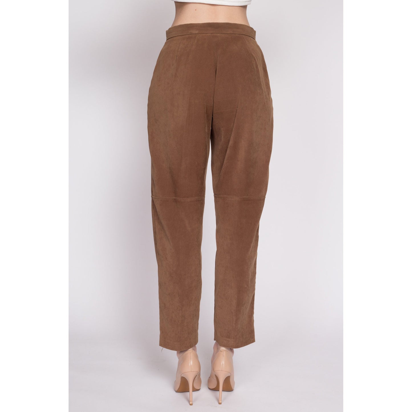 80s Brown Ultrasuede Trousers - Petite Medium, 28.5" | Vintage Faux Leather Tapered Leg Pants