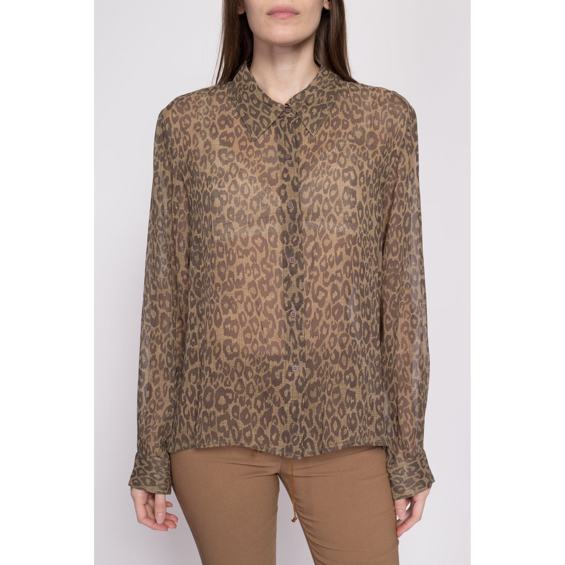 90s Silk Sheer Leopard Print Blouse - Extra Large | Vintage Long Sleeve Collared Button Up Top