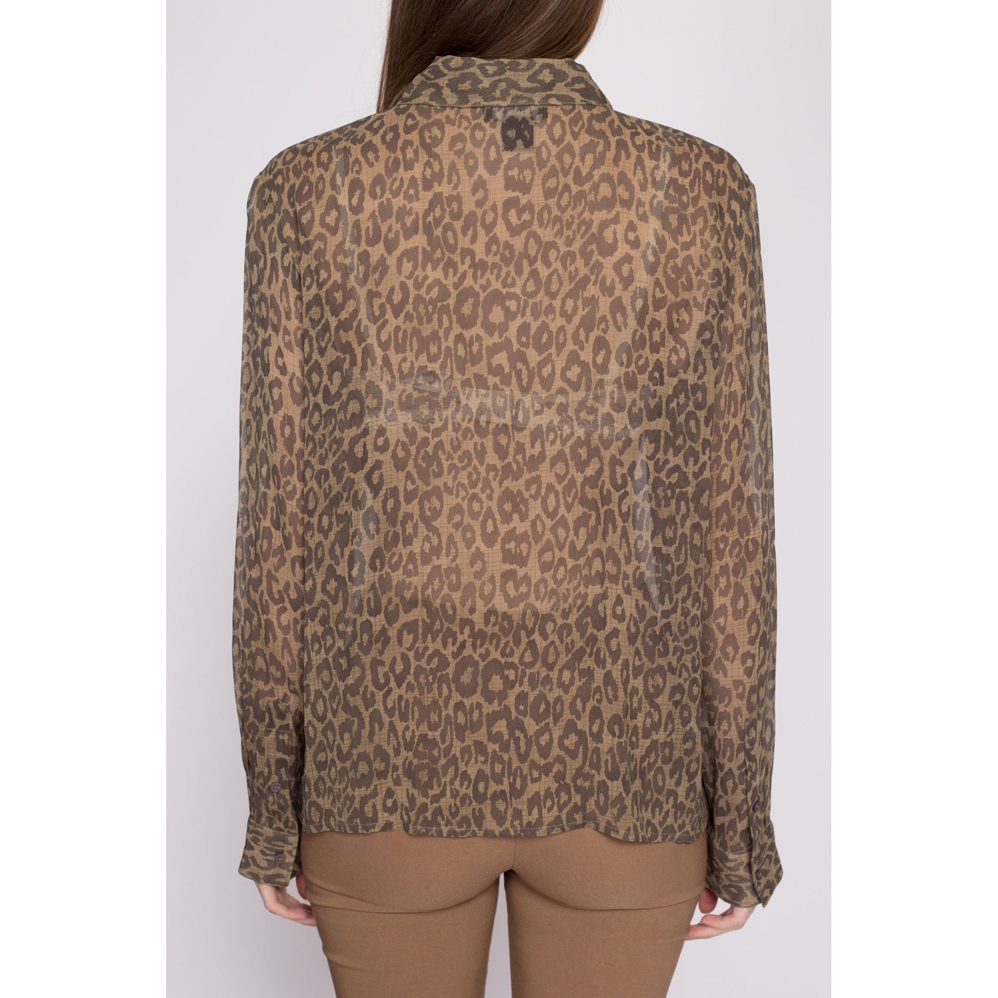 90s Silk Sheer Leopard Print Blouse - Extra Large | Vintage Long Sleeve Collared Button Up Top