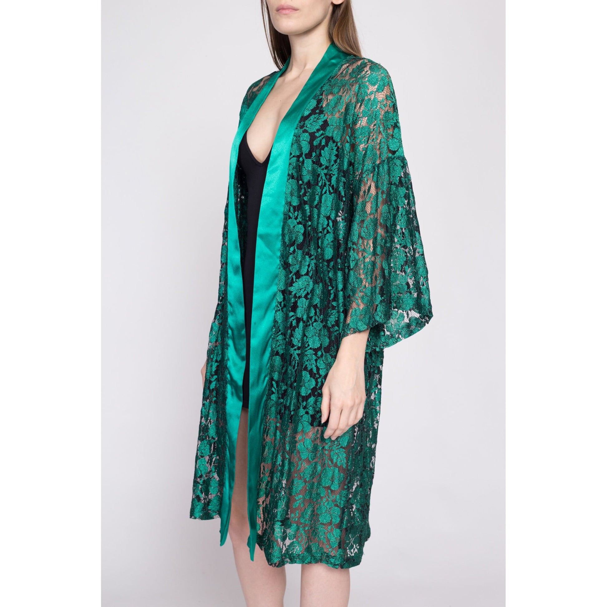 90s Victoria's Secret Jade Green Lace Lounge Robe - One Size | Vintage Satin Trim Boho Open Fit Loungewear Kimono