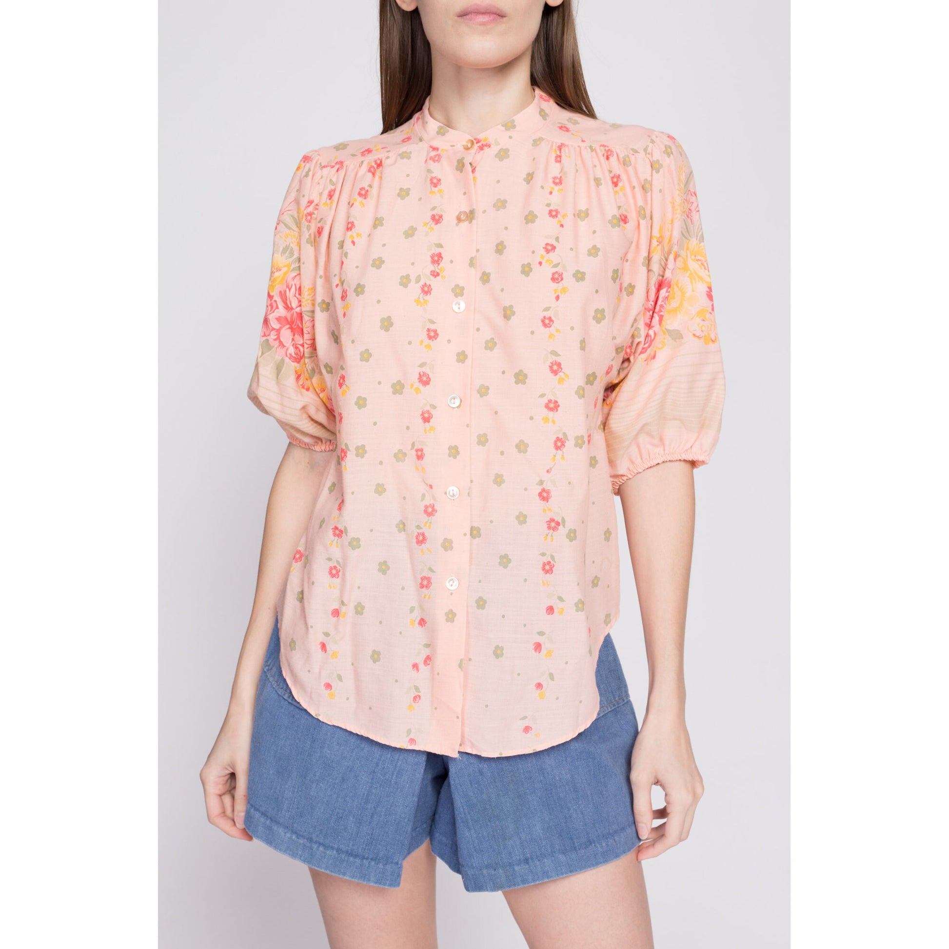 70s Peach Pink Floral Balloon Sleeve Blouse - Medium to Large | Vintage Half Sleeve Boho Hippie Button Up Oversize Top
