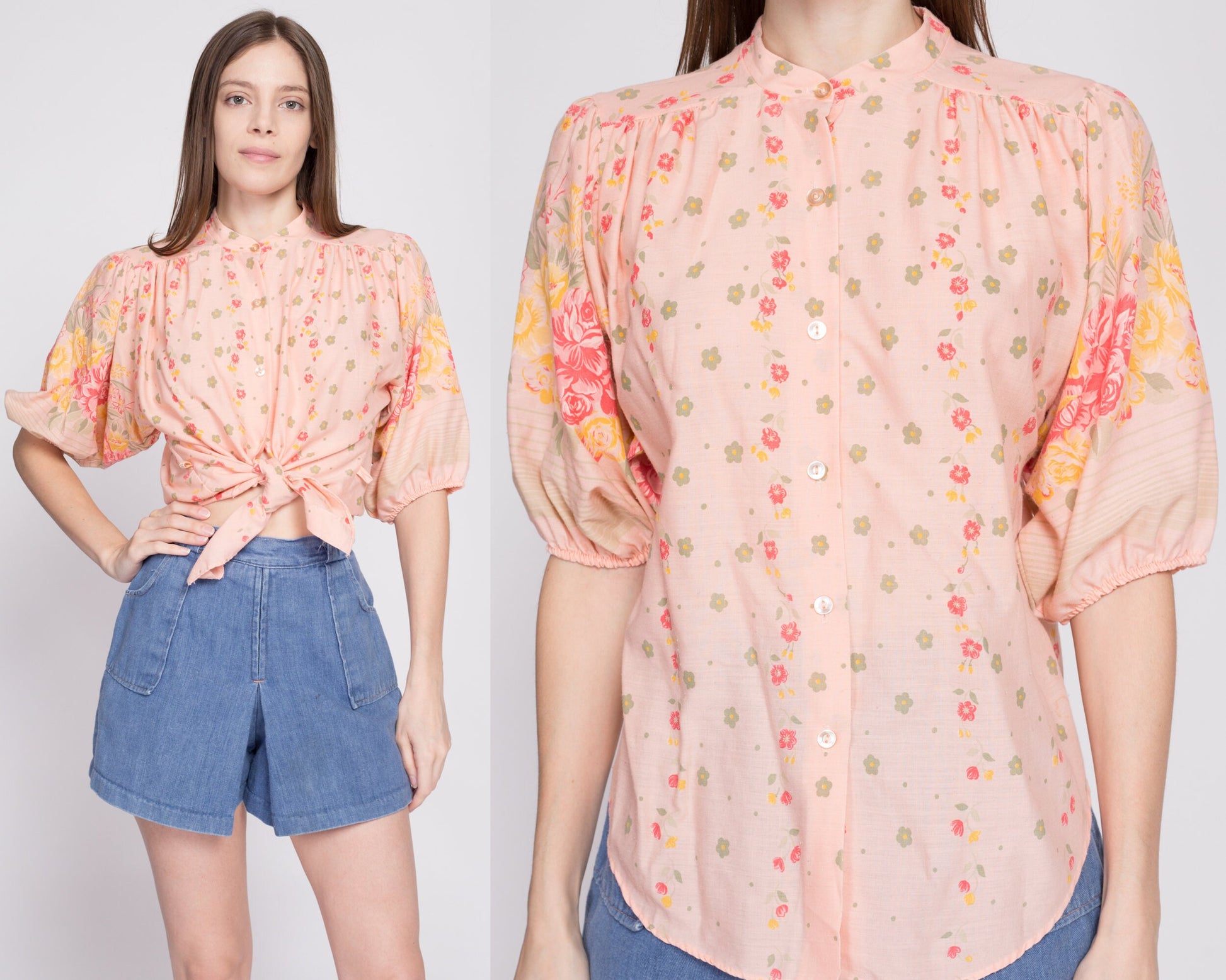 70s Peach Pink Floral Balloon Sleeve Blouse - Medium to Large | Vintage Half Sleeve Boho Hippie Button Up Oversize Top