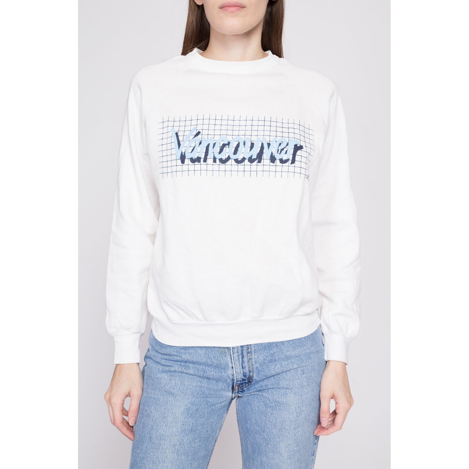 80s Vancouver Canada Tourist Sweatshirt - Men's Small Short, Women's Medium | Vintage White Raglan Sleeve Graphic Crewneck Pullover