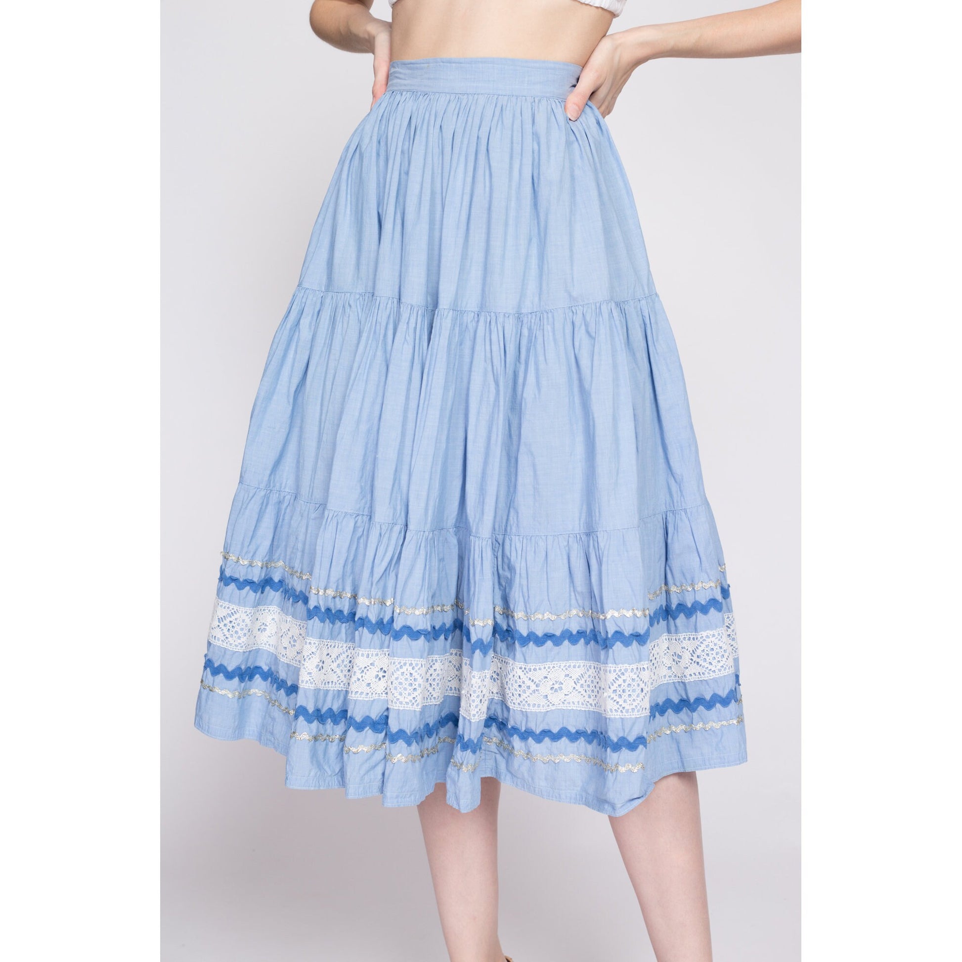 50s 60s Blue Fiesta Patio Skirt - Small, 26.5" | Vintage Metallic Ric Rac Trim Midi Circle Skirt