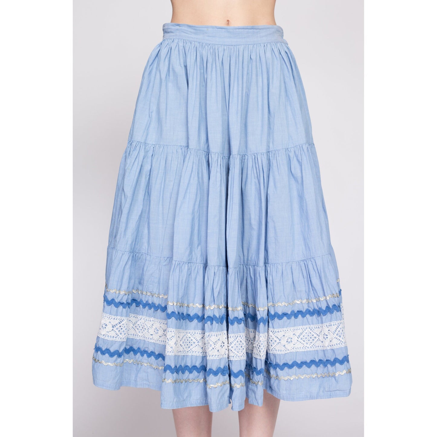 50s 60s Blue Fiesta Patio Skirt - Small, 26.5" | Vintage Metallic Ric Rac Trim Midi Circle Skirt