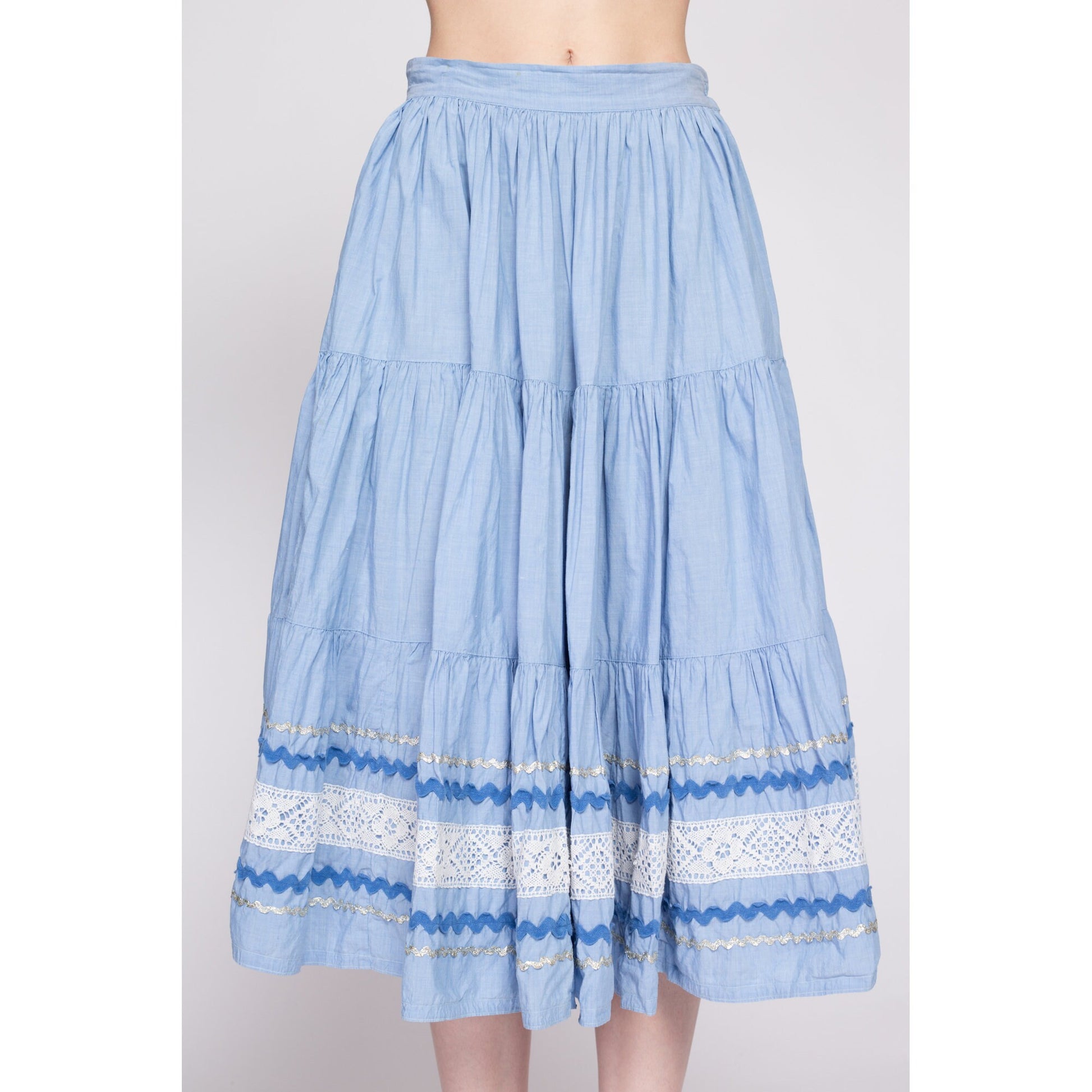 50s 60s Blue Fiesta Patio Skirt - Small, 26.5" | Vintage Metallic Ric Rac Trim Midi Circle Skirt