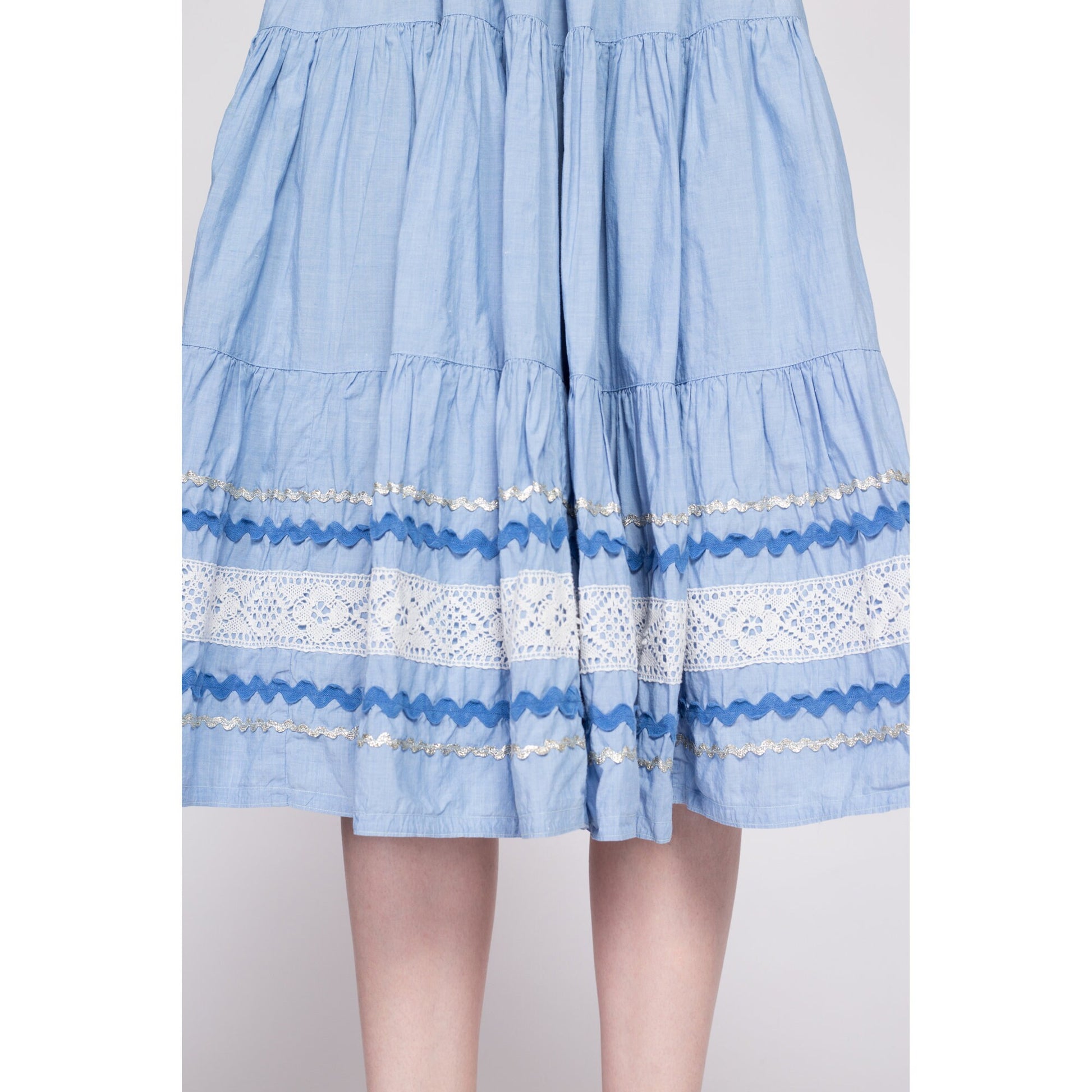 50s 60s Blue Fiesta Patio Skirt - Small, 26.5" | Vintage Metallic Ric Rac Trim Midi Circle Skirt