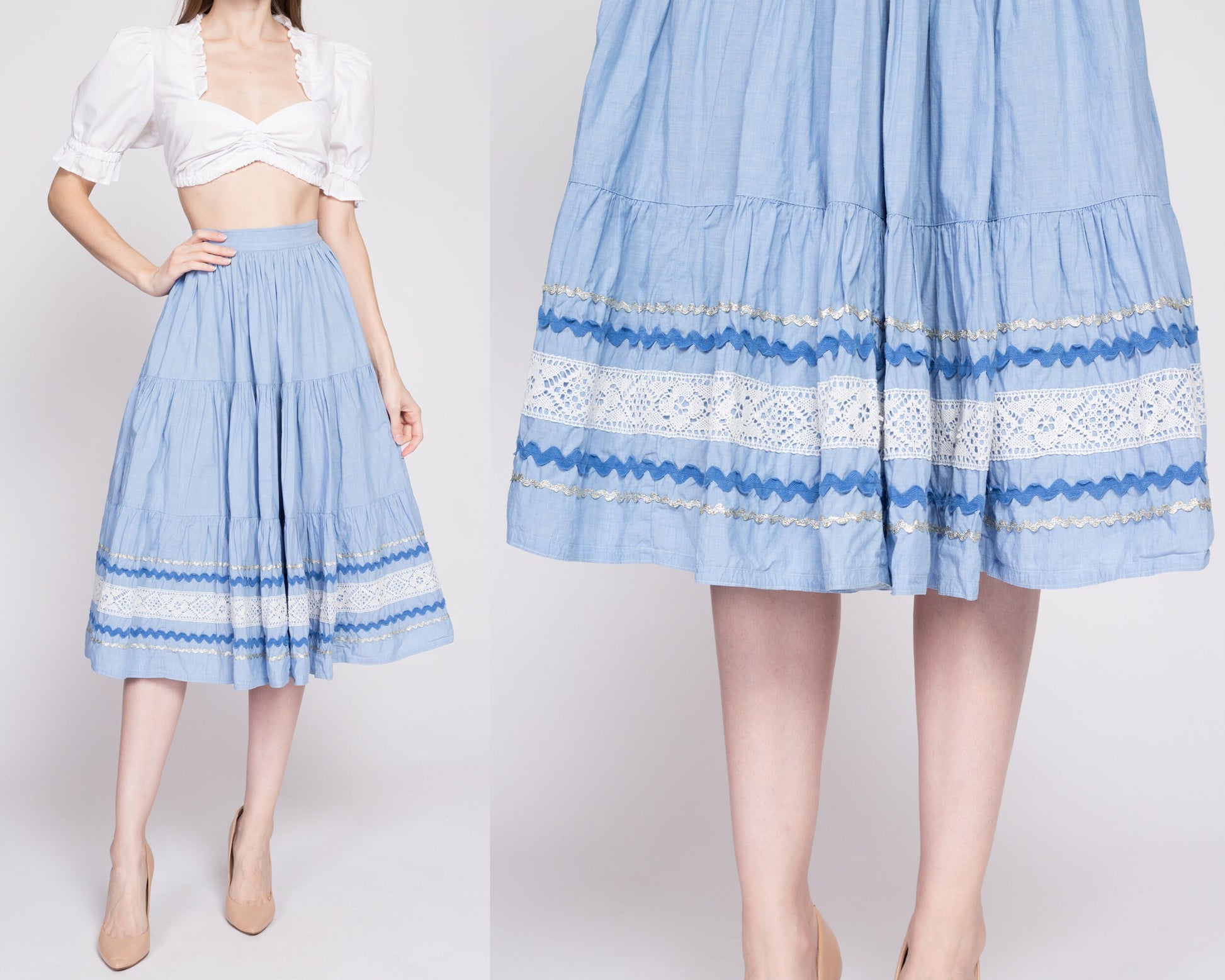 50s 60s Blue Fiesta Patio Skirt - Small, 26.5" | Vintage Metallic Ric Rac Trim Midi Circle Skirt