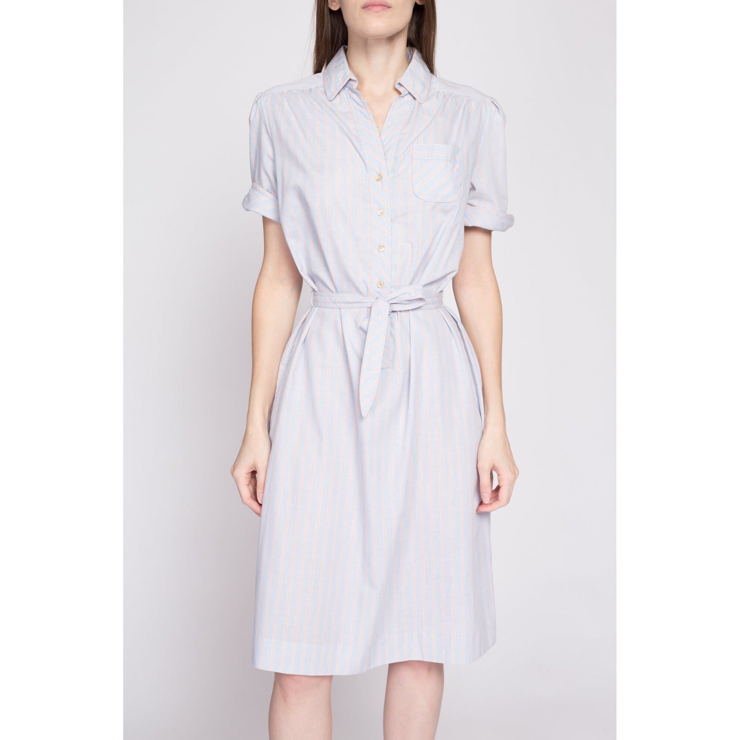 70s Blue Striped Belted Shirtdress - Medium to Large | Vintage Button Front Knee Length Short Sleeve Midi Day Dress