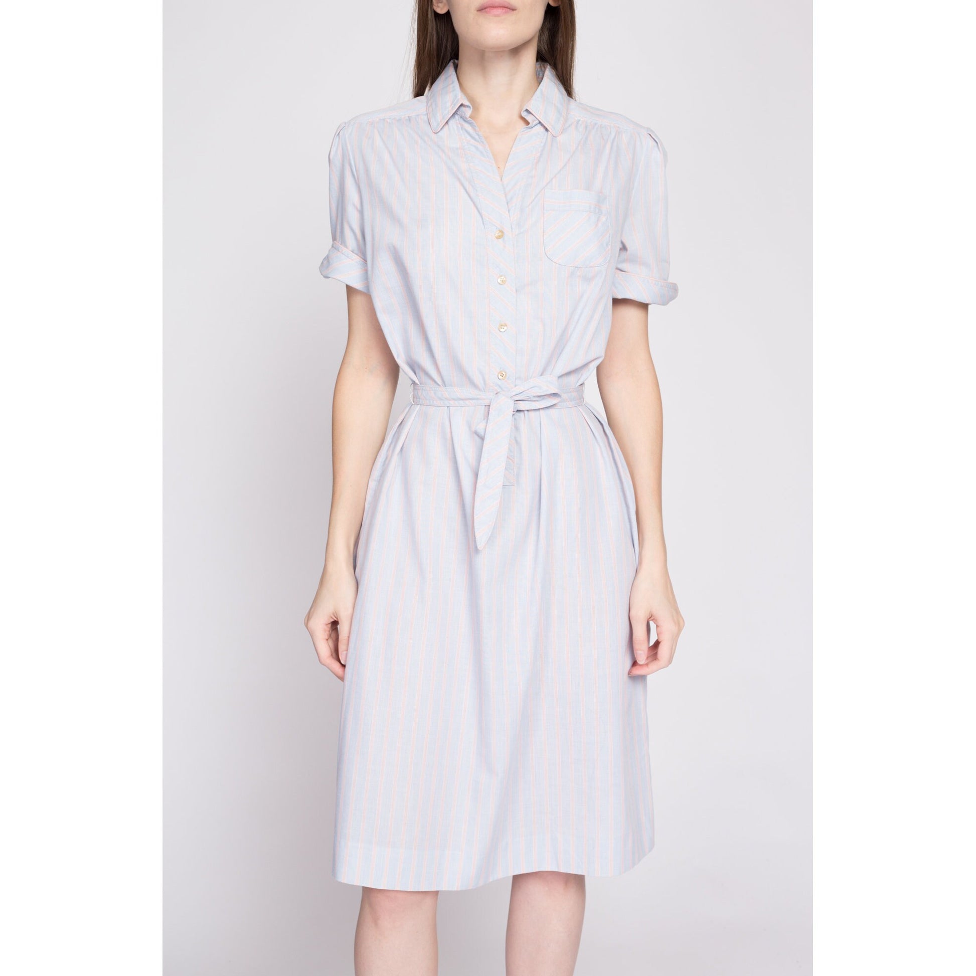 70s Blue Striped Belted Shirtdress - Medium to Large | Vintage Button Front Knee Length Short Sleeve Midi Day Dress