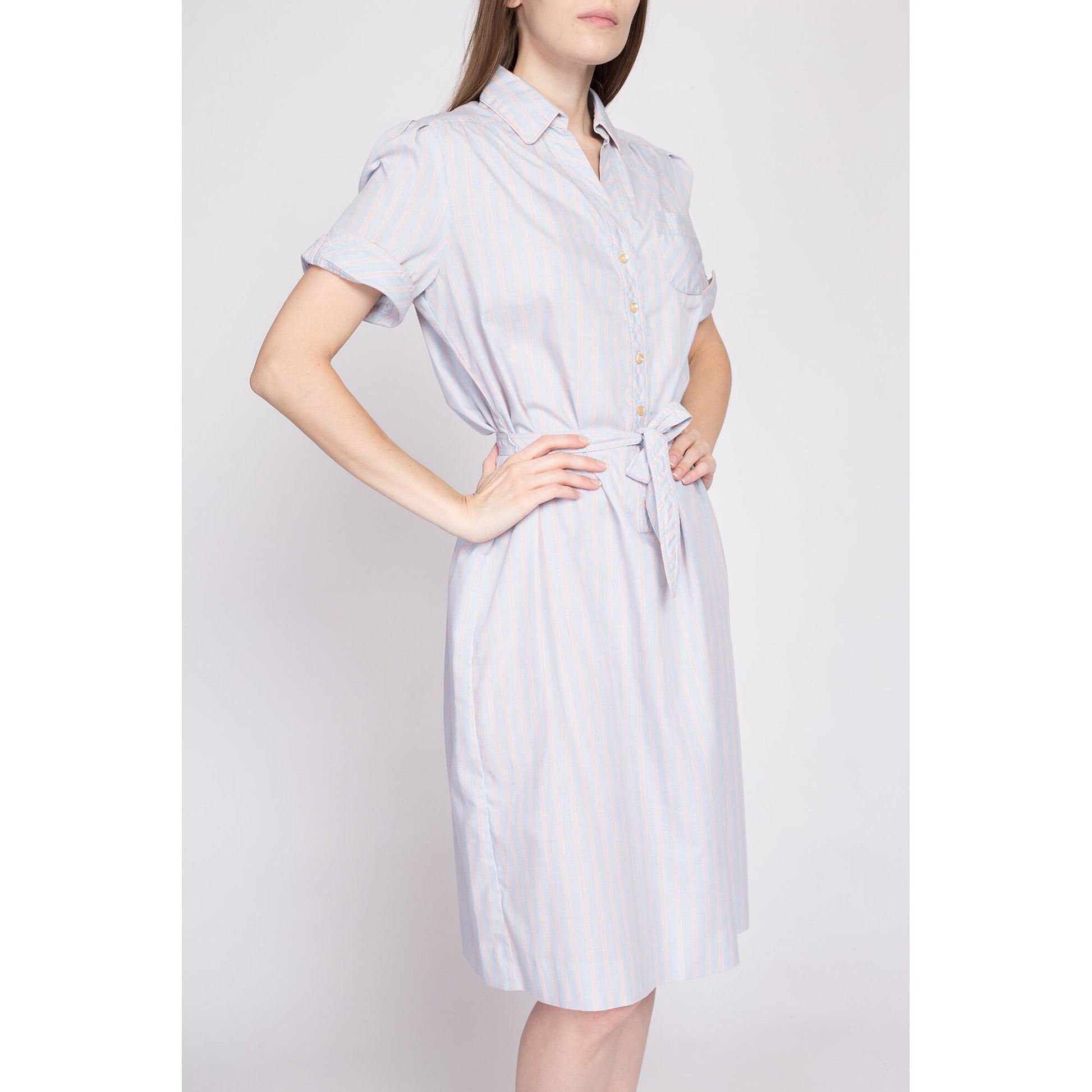 70s Blue Striped Belted Shirtdress - Medium to Large | Vintage Button Front Knee Length Short Sleeve Midi Day Dress